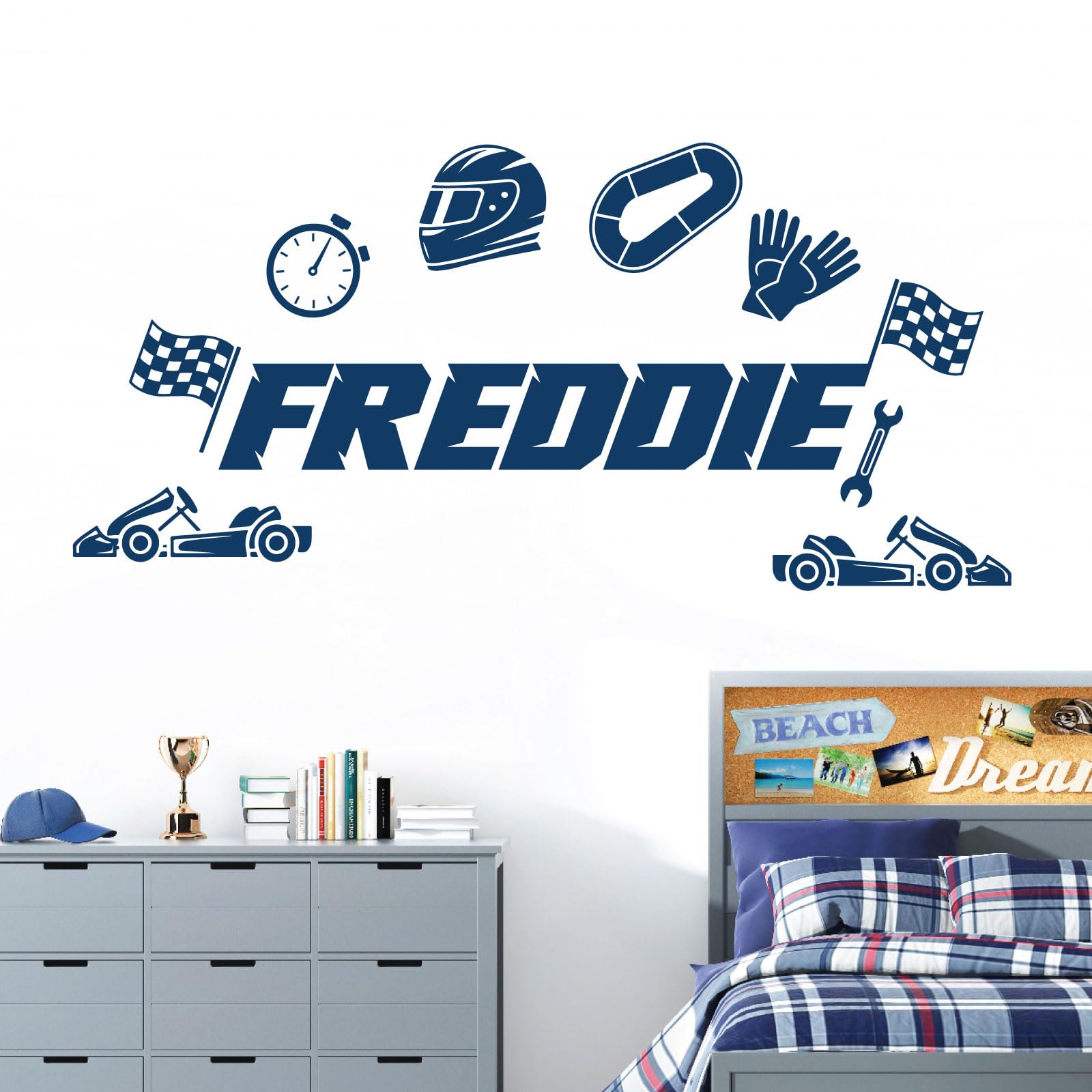 Personalised Name Children Wall Art Sticker - Car Racing, Racer, Formula 1 [Medium] [Ultramarine]