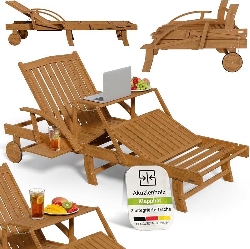 Juskys® Sonnenliege SunScape - Natur, Akazie mit verstellbarem Tisch & Beinablage, Stabil & Langlebig, 196x73x30 cm