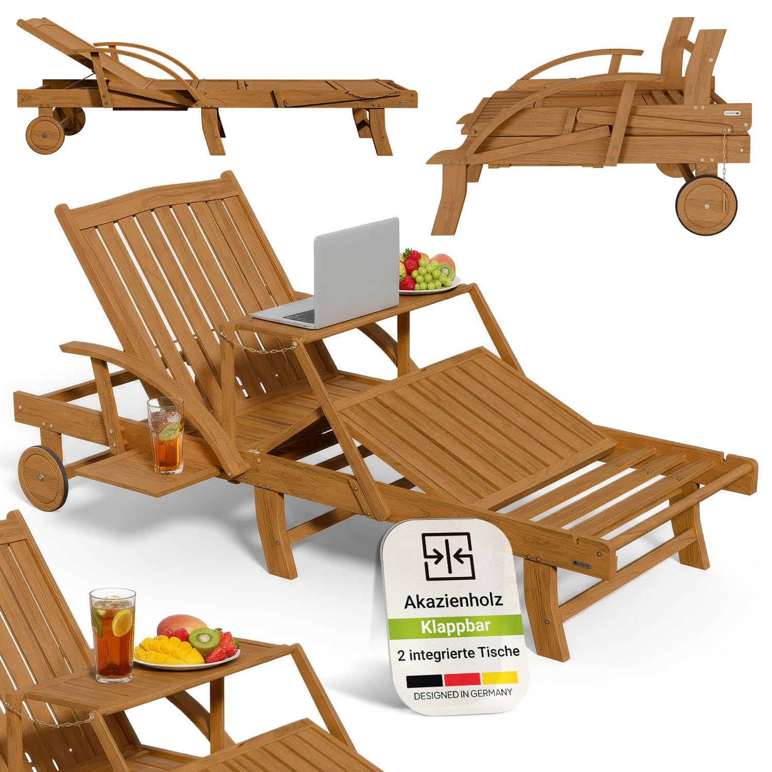 Juskys® Sonnenliege SunScape - Natur, Akazie mit verstellbarem Tisch & Beinablage, Stabil & Langlebig, 196x73x30 cm