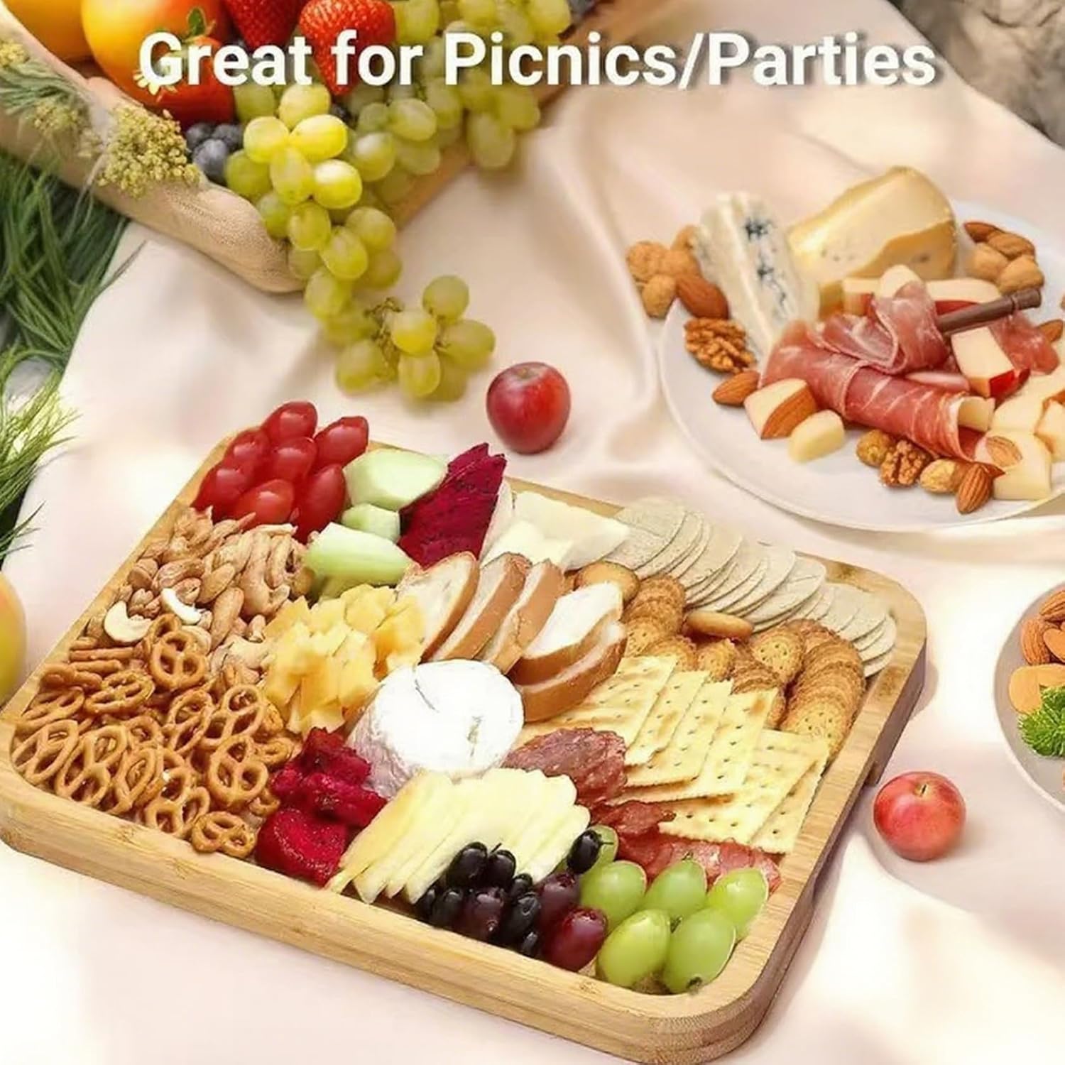 Cheese Tray, Charcuterie Board with Lid, Portable Wooden Charcuterie Boards with Lockable Clear Lid, Covered Serving Tray for Picnic Camping, Board with