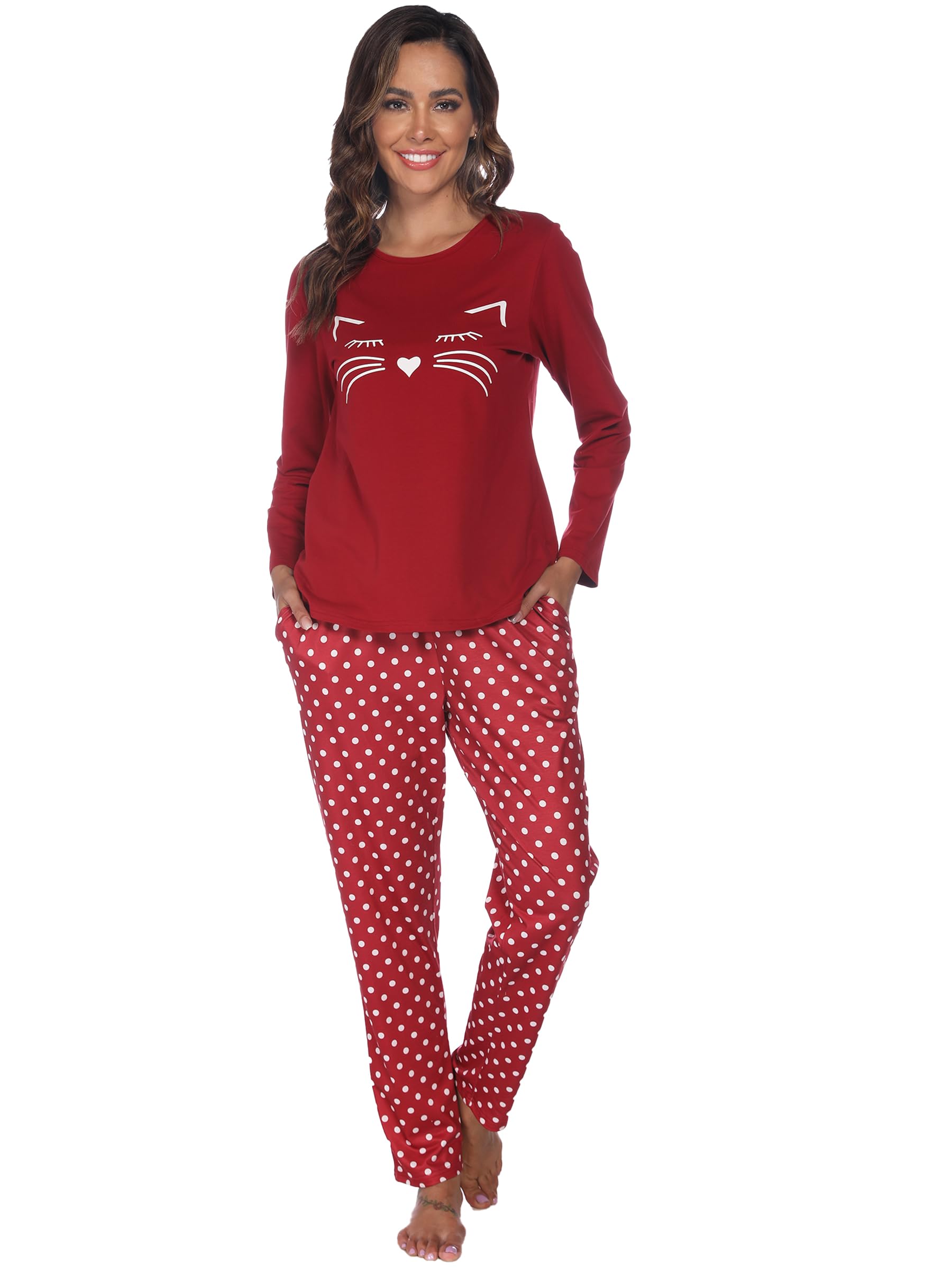 Reliwel Schlafanzug Damen Lang Baumwolle Pyjama Damen Rundhals Oberteil und Schlafanzughose Langarm Loungewear Sleepwear Hausanzug Nachtwäsche