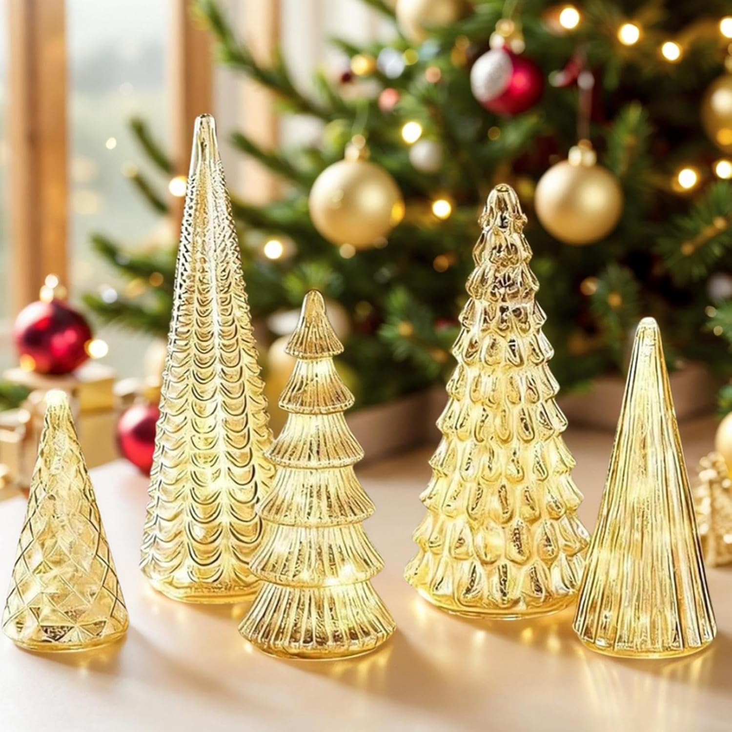 Illuminated Christmas Tree Decorations, 5 Pieces Trees Figurine with LED Light, Golden Christmas Tree Set for Outdoor Table Fireplace Bedroom Living Room Illuminated Christmas Tree Decorations, 5 Pieces Trees Figurine with LED Light, Golden Christmas Tree Set for Outdoor Table Fireplace Bedroom Living Room
