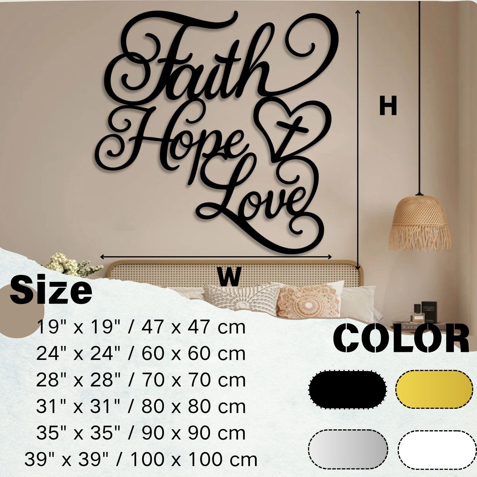 Metalowa dekoracja ścienna Wisząca rzeźba wiara nadzieja miłość do salonu sypialni biura złoty kolor 70 x 70 cm