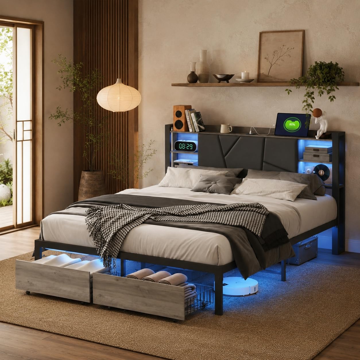 Letto Matrimoniale 160 x 200 cm con 2 Cassetti, Letto imbottito con illuminazione a LED e ricarica USB, Moderno Struttura Letto in Metallo, PU, Nero, Senza materasso