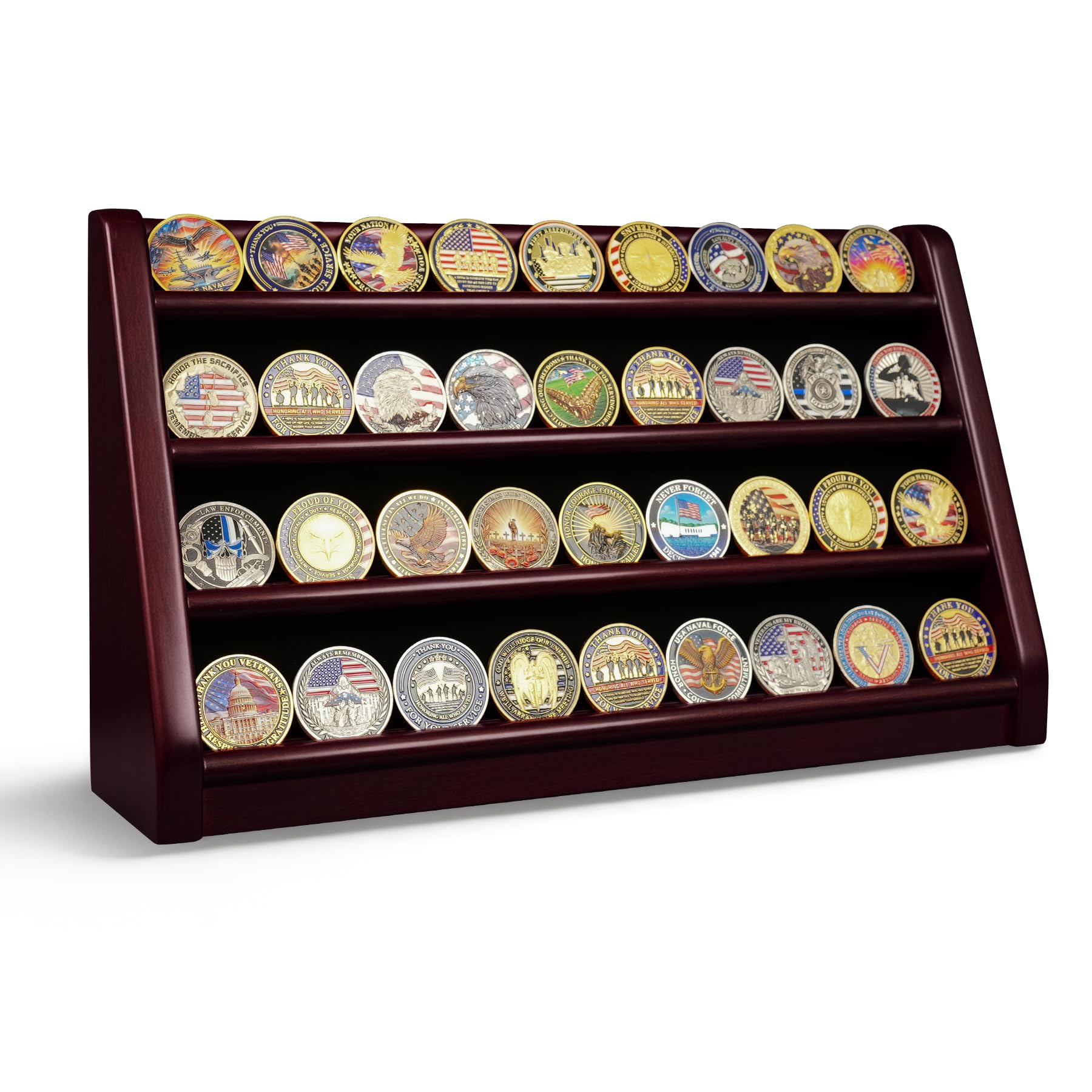 ASmileIndeep Medaillenständer, 4 Reihen, Militär-Challenge-Coin-Ständer, Mahagoni-Finish, Holz