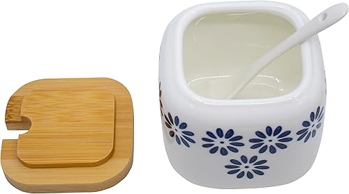 Miniatura 5 de Juego de 3 tarros de especias de cerámica blanca impresa con cucharas y tapas de bambú y bandeja (floral abstracto)