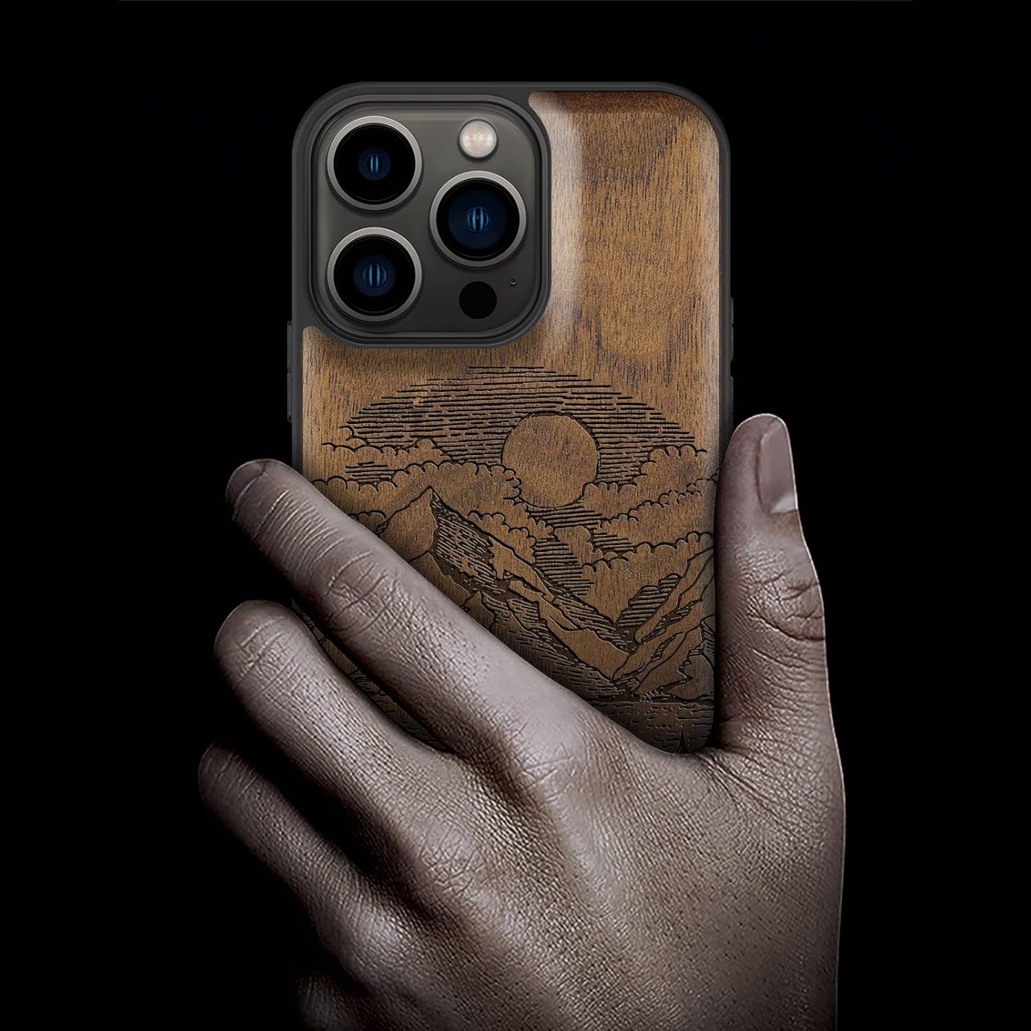 Carveit Magnetic Wood Case for iPhone 13 Pro - Natural Wood & Black Soft TPU - Shockproof Protective Cover - Unique Wooden Case - Compatible with MagSafe - Alpine Lake - Walnut