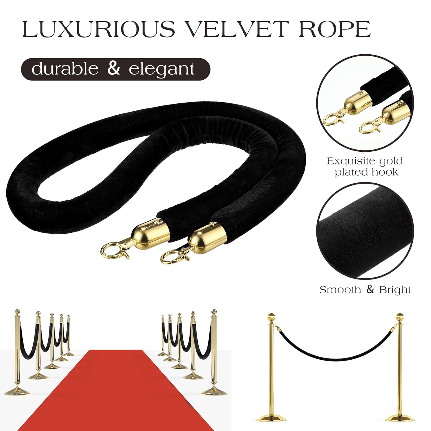 Nuogo 6 Pcs Velvet Stanchion Rope Black Carpet Party Decorations 5ft Crowd Control Velvet Ropes Safety Barrier with Gold Hook for Event Movie Theaters Grand Opening Hotel Party Supplies