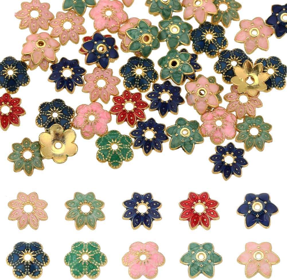 SUNNYCLUE 1 Box 60Pcs Beads Caps Flower Beads Caps Enamel Flower 10mms End Findings Vintage End Stoppers Loose Spacers for Jewelry Making DIY Bracelet Necklace Earrings