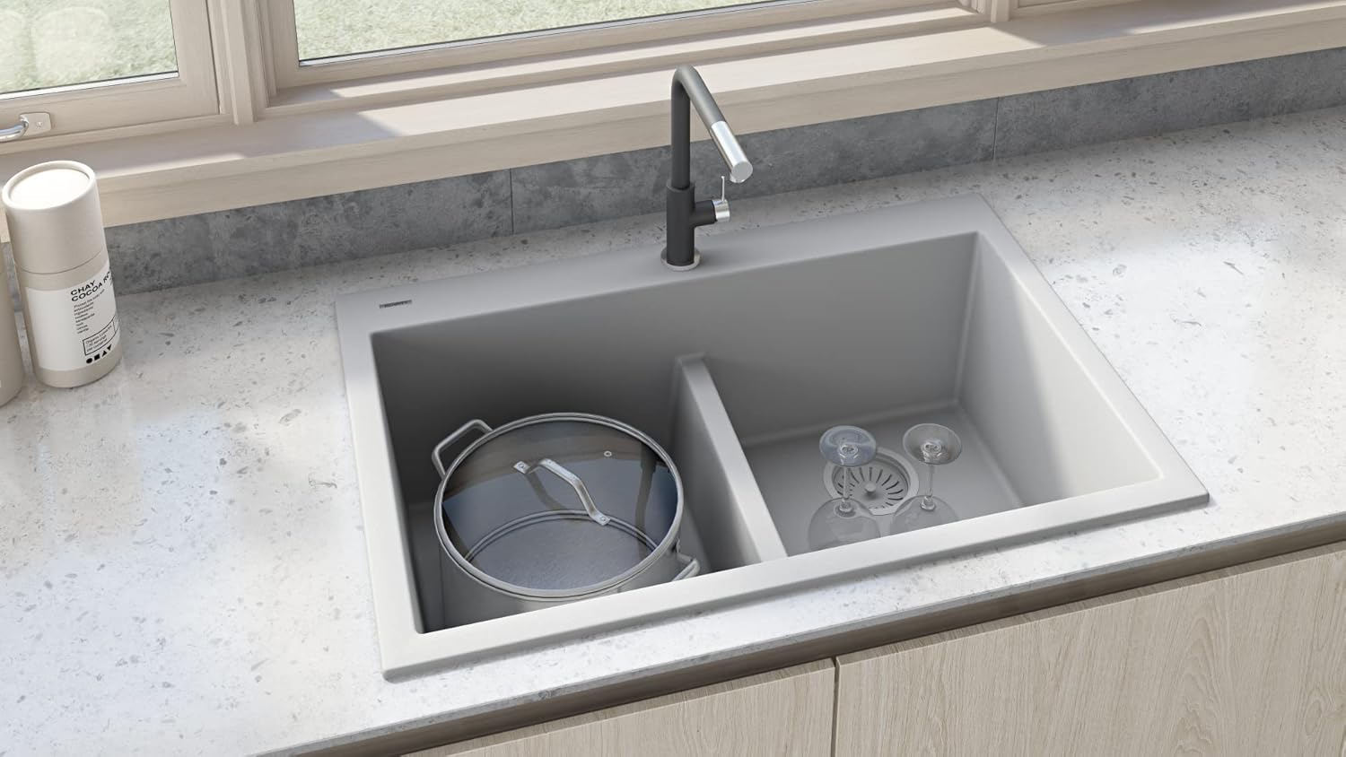 Ruvati 33 x 22 inch Rounded Corners Gray Drop-in TopMount Kitchen Sink - Granite Composite Double Bowl Kitchen Sink Low Divide - RVG1385GR