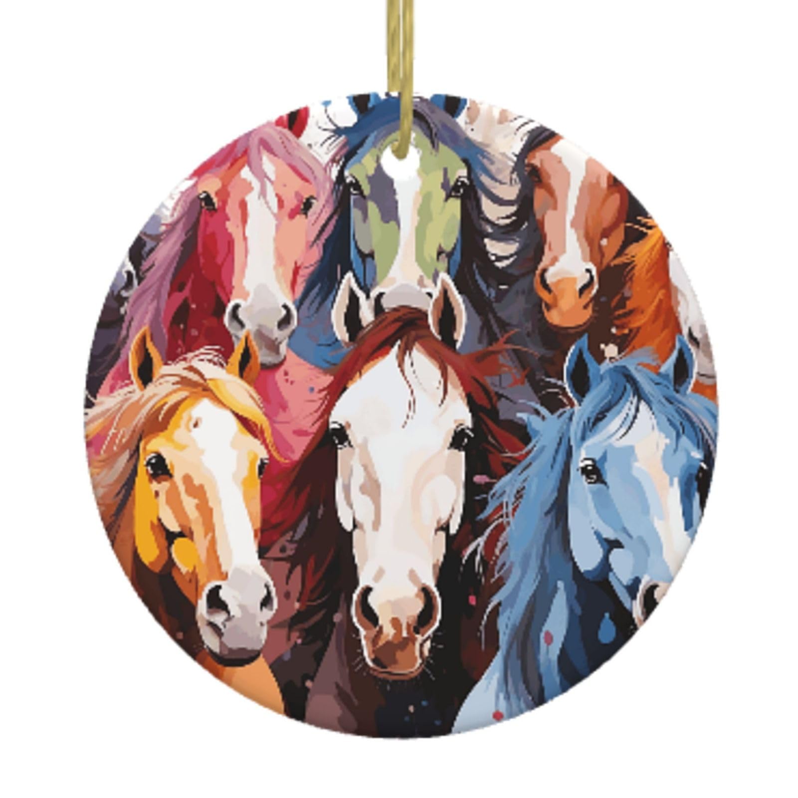 Ceramic Christmas Tree Hanging Ornaments with Gold Ropes Christmas Tree Decorations Round Ceramic Colourful Cartoon Horses Pendant Keepsake Decorations for Holiday Xmas Gift Ideas