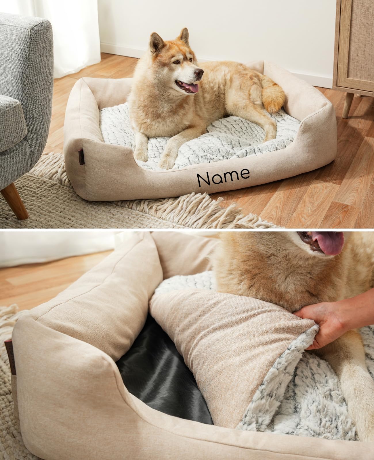 lionto Panier pour Chien avec Coussin réversible Moelleux, lit Douillet pour Animaux au Design chiné avec entrée Basse, pour Chiens & Chats de Toutes Tailles, 110x80 cm, Beige (avec nom imprimé)