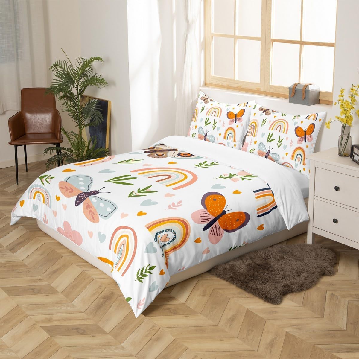 feelingyou Boho Rainbow Comforter Cover Set Double Size Cute Butterfly Bedding Set 3Pcs for Kids Girls Boys Adult Room Decor Cartoon Love Heart Palm Leaves Animals Botanical Quilt Cover,2 Pillowcases - Image 4