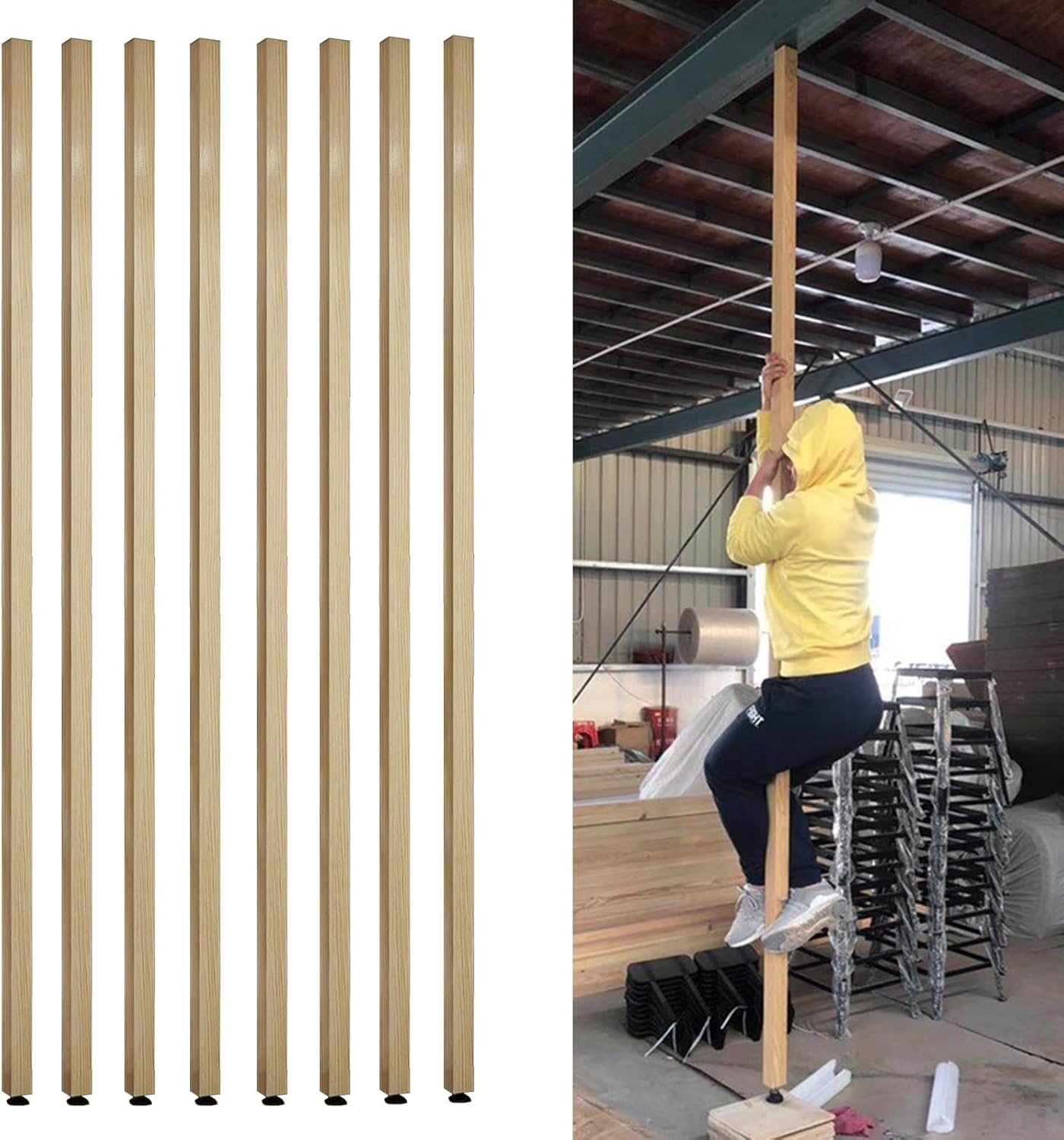 Adjustable Wooden Slats Room Divider - Floor-to-Ceiling Privacy Partition for Dining, Office, Stairwell & Entrance - Set of 8 Support Columns (2.3-7.7 Ft Height)