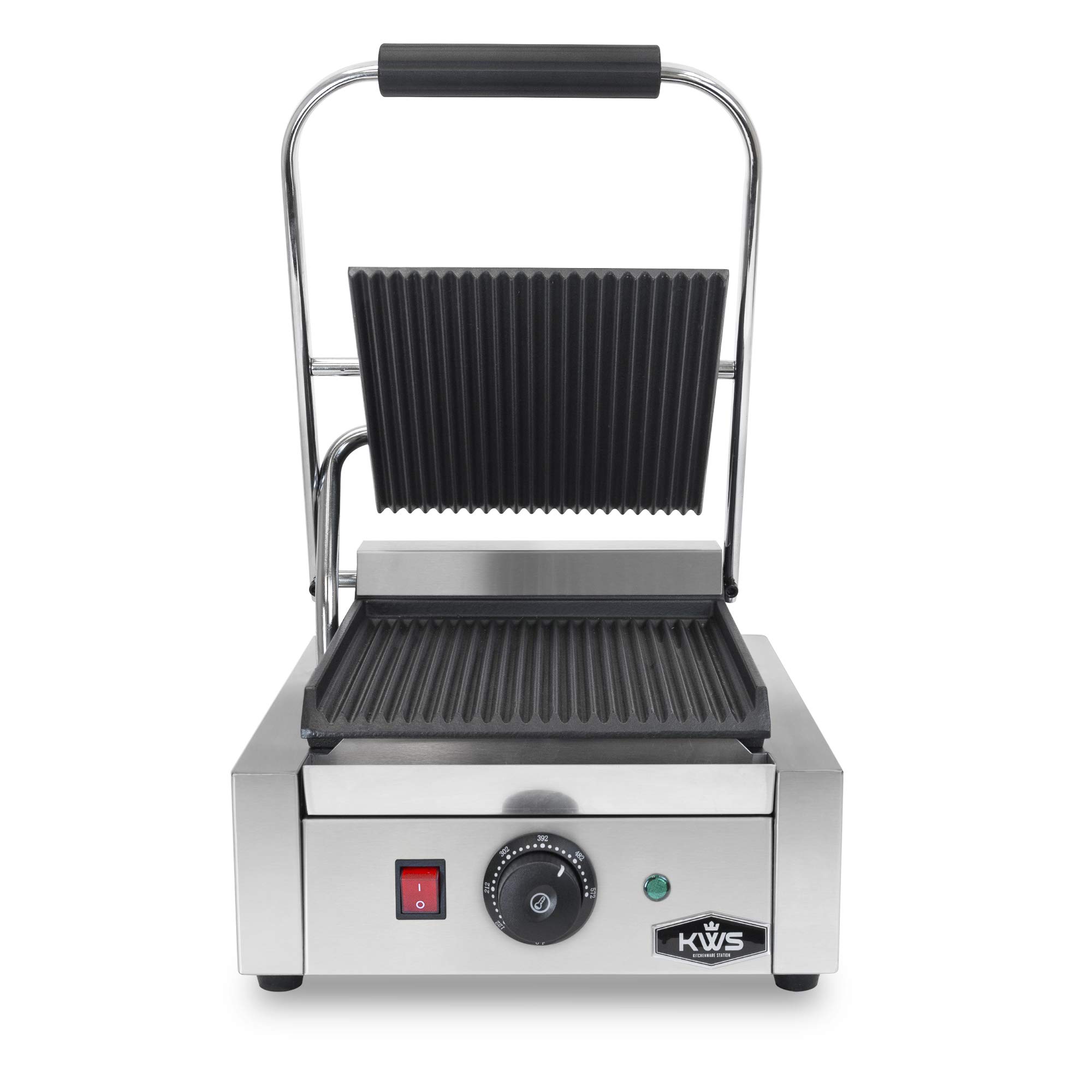 KWS PM-16 Premium - Parrilla eléctrica comercial de 110 V Panini de 1600 W con placas ranuradas, superficie de cocción de 9.25 x 8.8 pulgadas