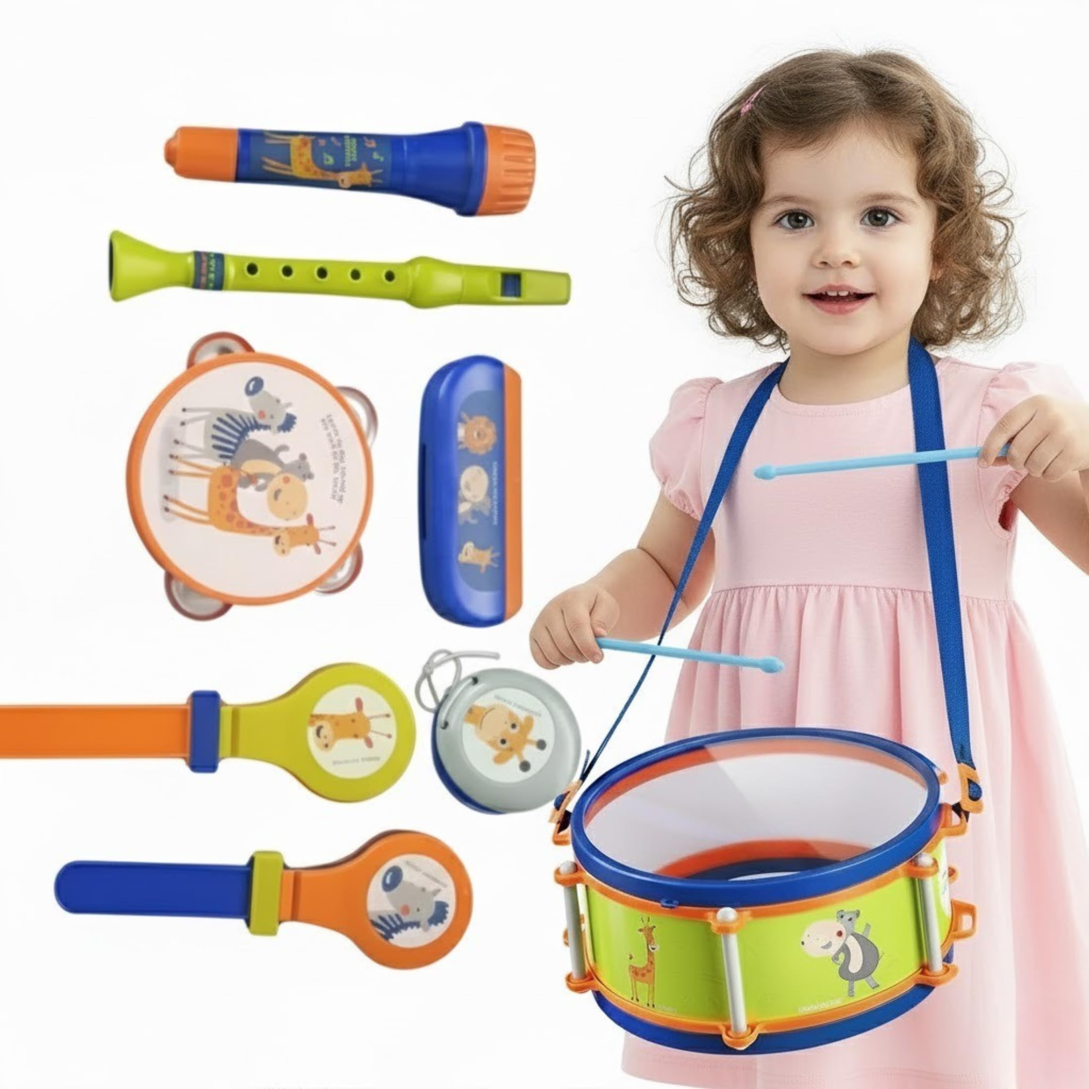 LITTLE FUN TIMES Toddler Musical Instruments Toys, Kids Drum Set, Percussion, Harmonica, Maraca, Flute, Tambourine, Birthday Gifts for 18 Months Olds