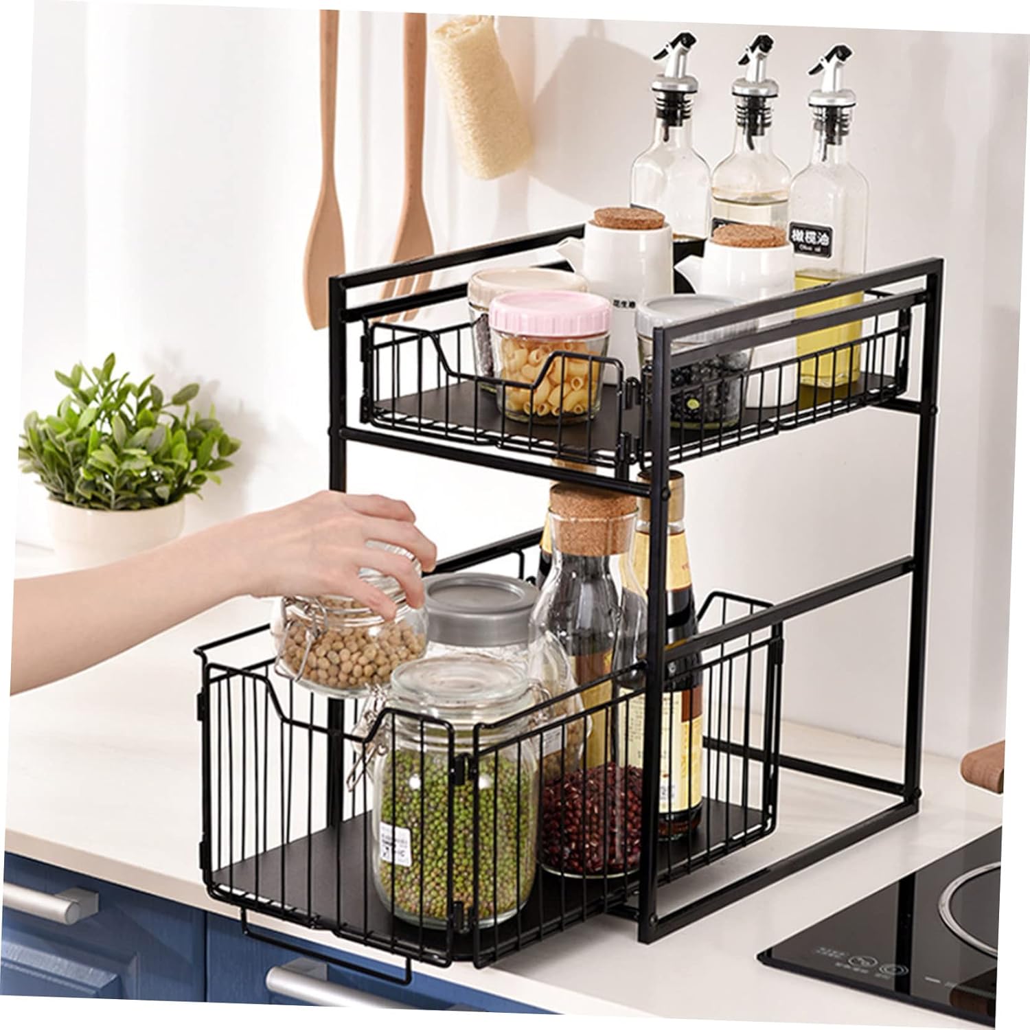 ABOOFAN Multi-functional Kitchen Spice Storage Rack Sliding Drawer 3-Tier Iron Organizer for Countertop Under Sink and Pantry Black