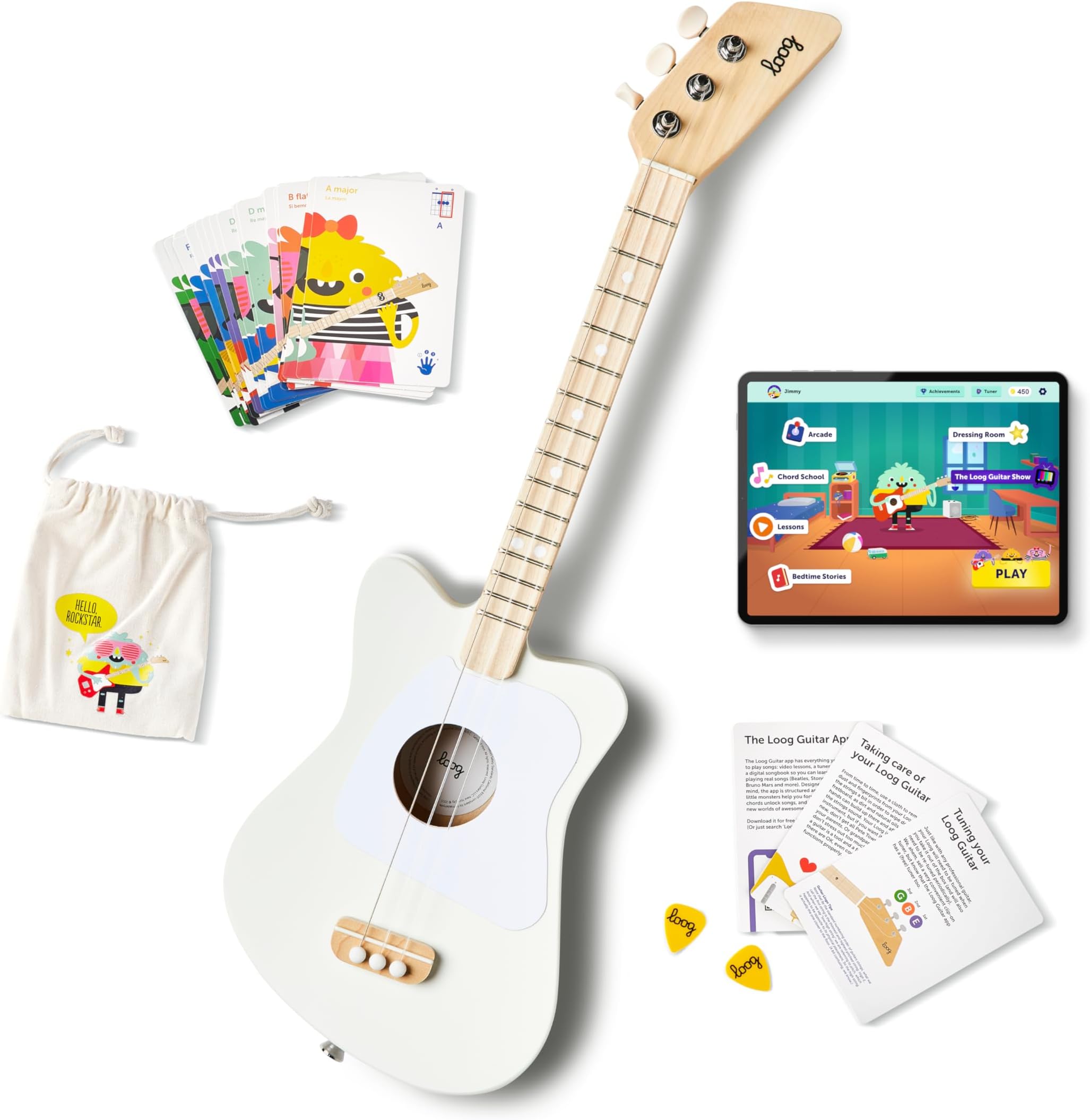 - Loog Mini Acoustic kids Guitar for Beginners 3-strings Ages 3+ Learning app and lessons included