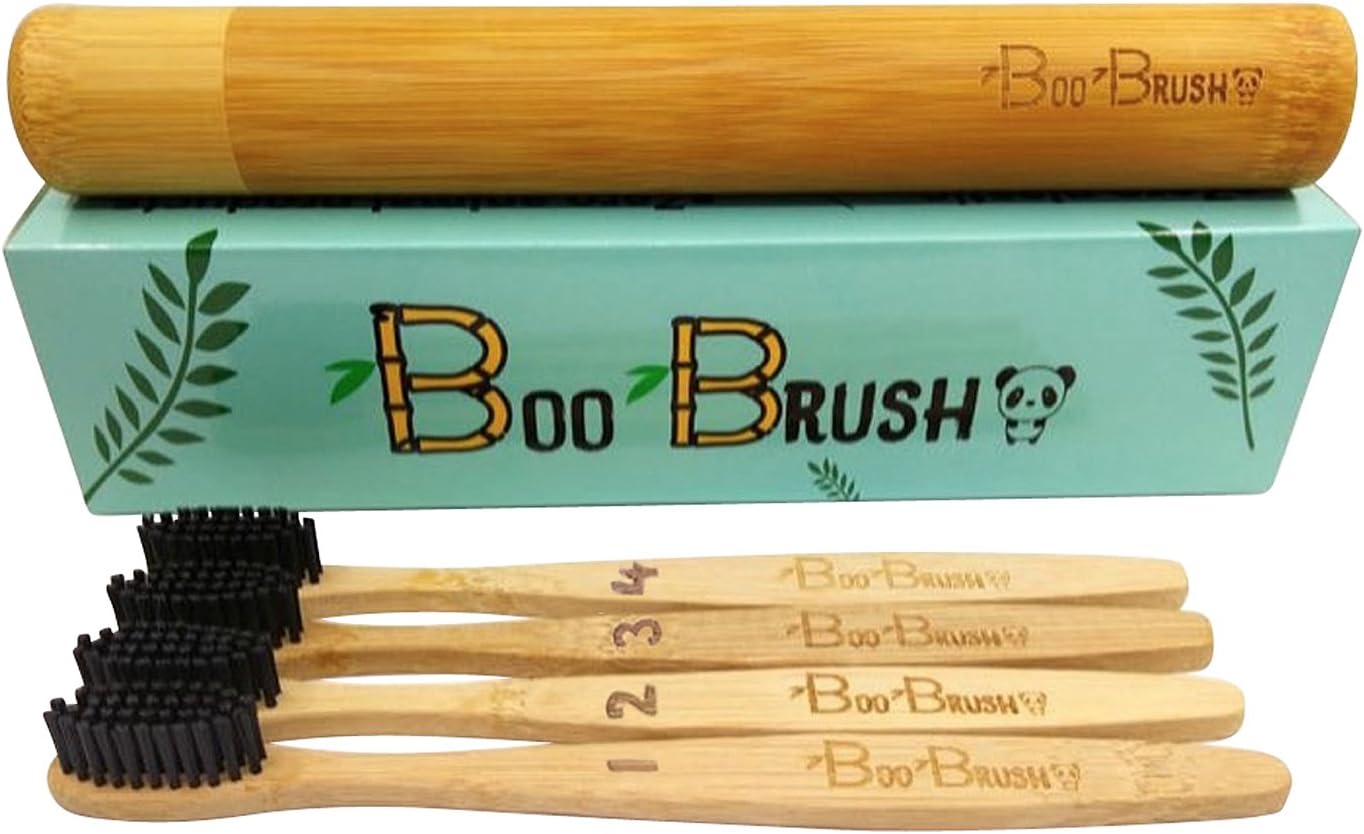 Bamboo Wooden Toothbrush |Charcoal Activated Soft/Medium Bristles |Natural 100% Biodegradable Handle |Eco-Friendly/Vegan |BPA Free Nylon |Zero Waste |for Adults/Kids | 4-Pack | Free Case