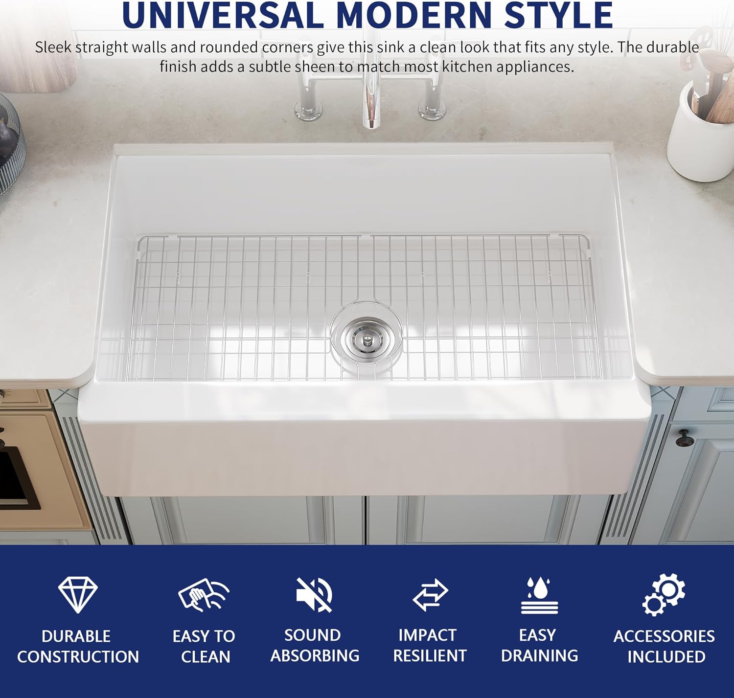 DeerValley 33" L x 20" W White Farmhouse Kitchen Sink Fireclay Apron Front Undermount Farm Sink Single Bowl Pure White Farmer Sink Large Capacity Deep Kitchen Sink with Accessories