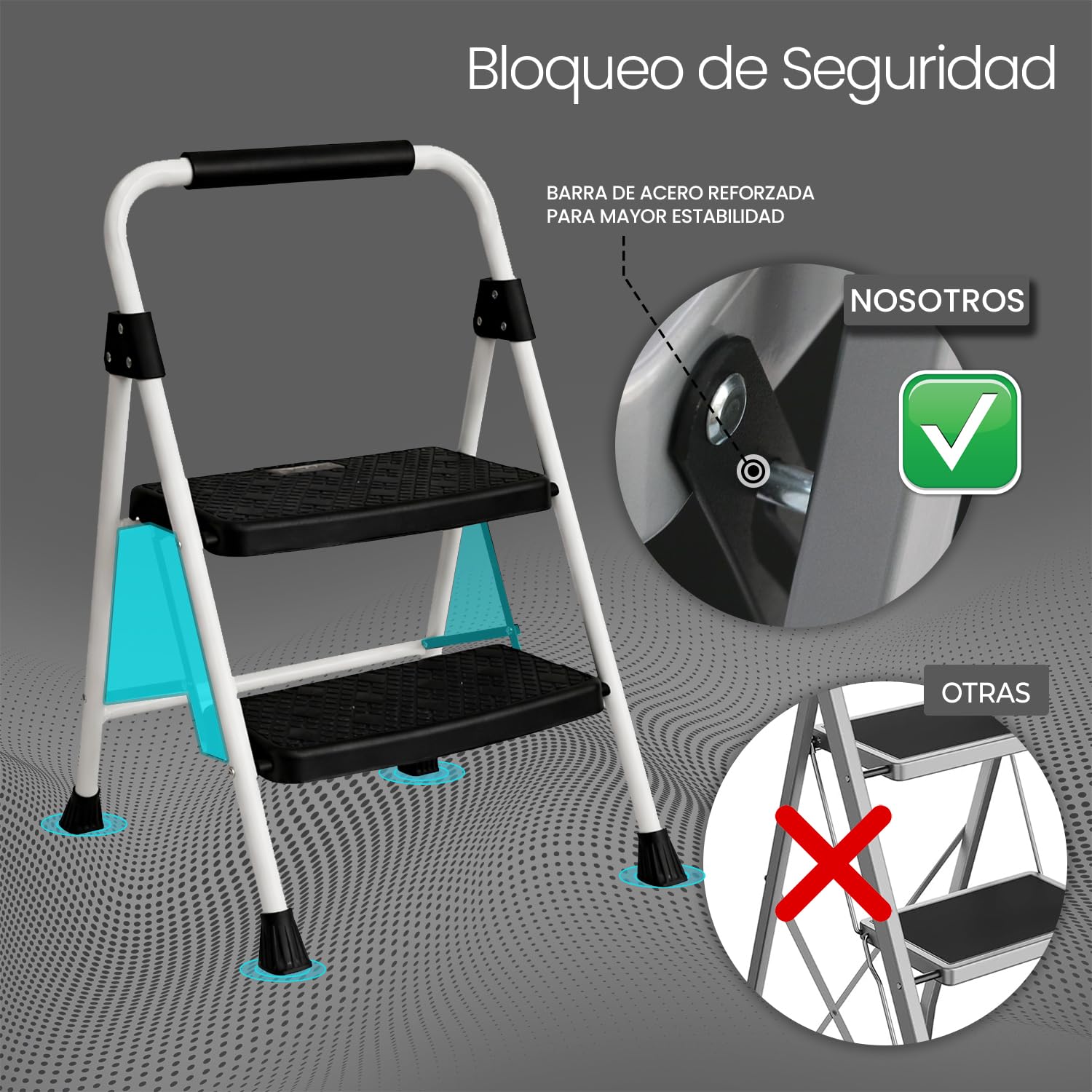 UZIRO Escalera Plegable 2 Peldaños, Estructura de Acero y Aluminio, Color Blanco, Peldaños Antideslizantes, Asa de Goma, para Hogar, Cocina, Oficina y Bricolaje