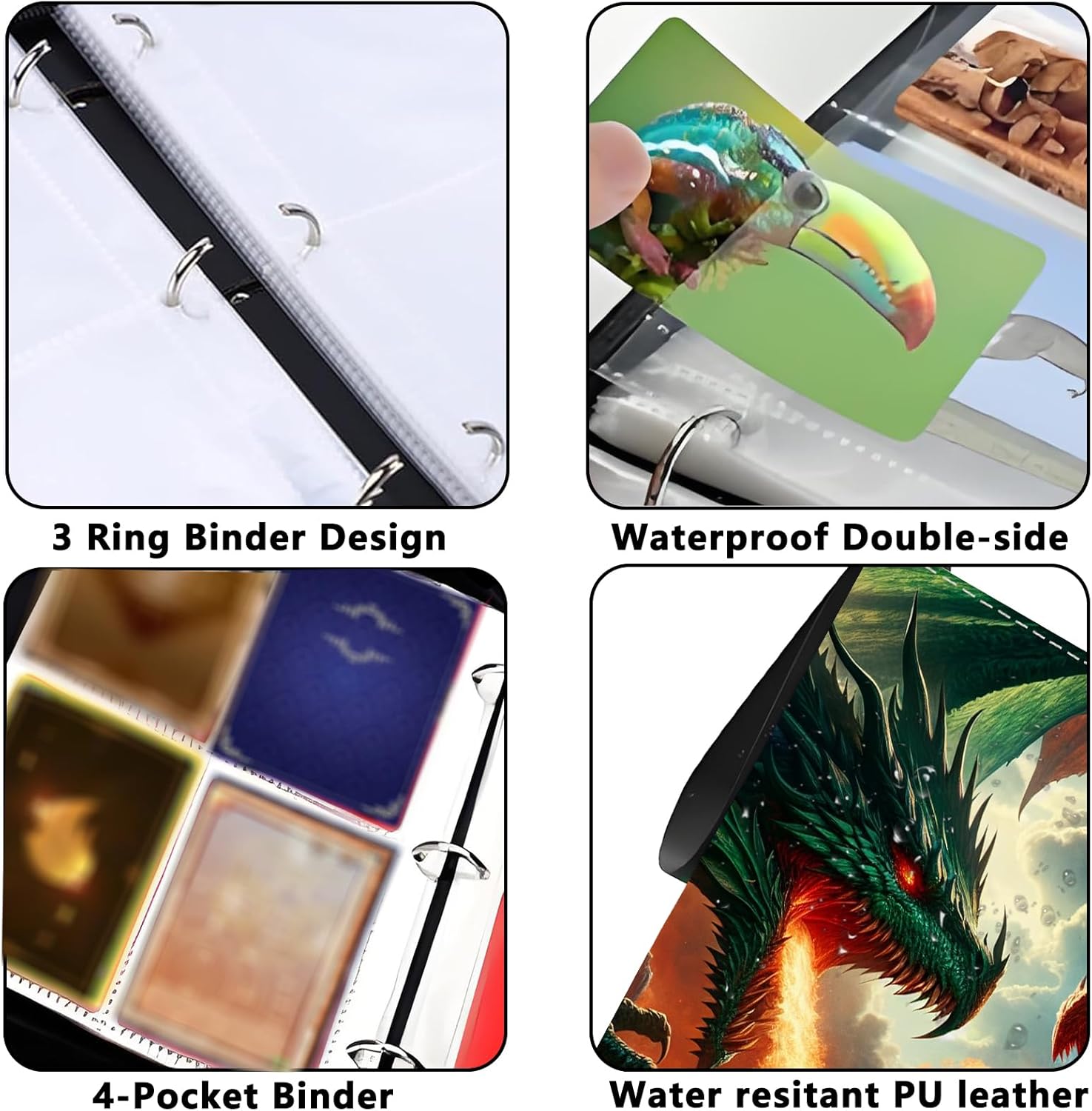 Card Binder 4 Pockets Zip Trading Card Binder for 400 Cards, PU Collection Binder with Removable Sleeves for 50 Pages, Portable Collector Album, Card Book for Game Card, Sports Cards, Gifts