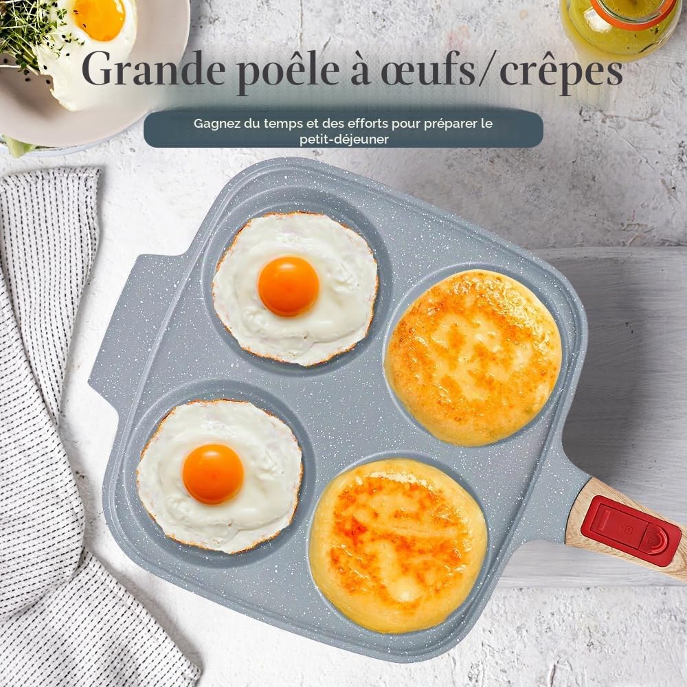 Grande Poêle à Pancakes 4 Cavités en Céramique 26 x 24 cm avec Couvercle | Grande poêle à 4 cavités pour œufs, pancakes et burgers, avec couvercle et revêtement antiadhésif.