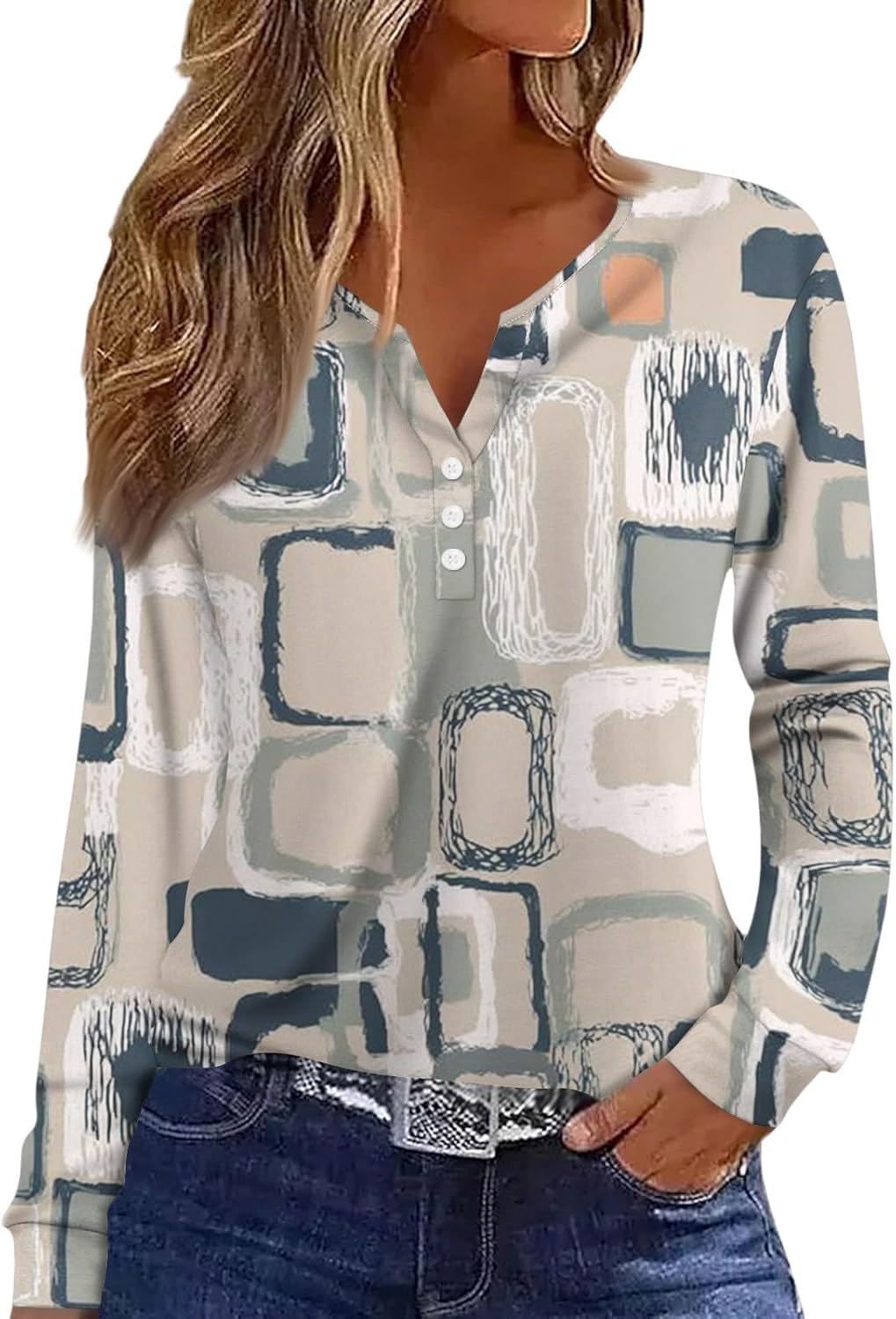 Kenvina Women's T-Shirts Button Down Tunic Tops Long Sleeve Blouse Henley V Neck Fall Clothes Basic Tees Pullover Blouses