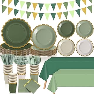Mimorou 342 Pcs Sage Green Party Supplies Green Tableware Paper Disposable Plates Napkins Cups Plastic Tablecloth Sage Golden Triangle Banner for Wedding Bachelorette Birthday