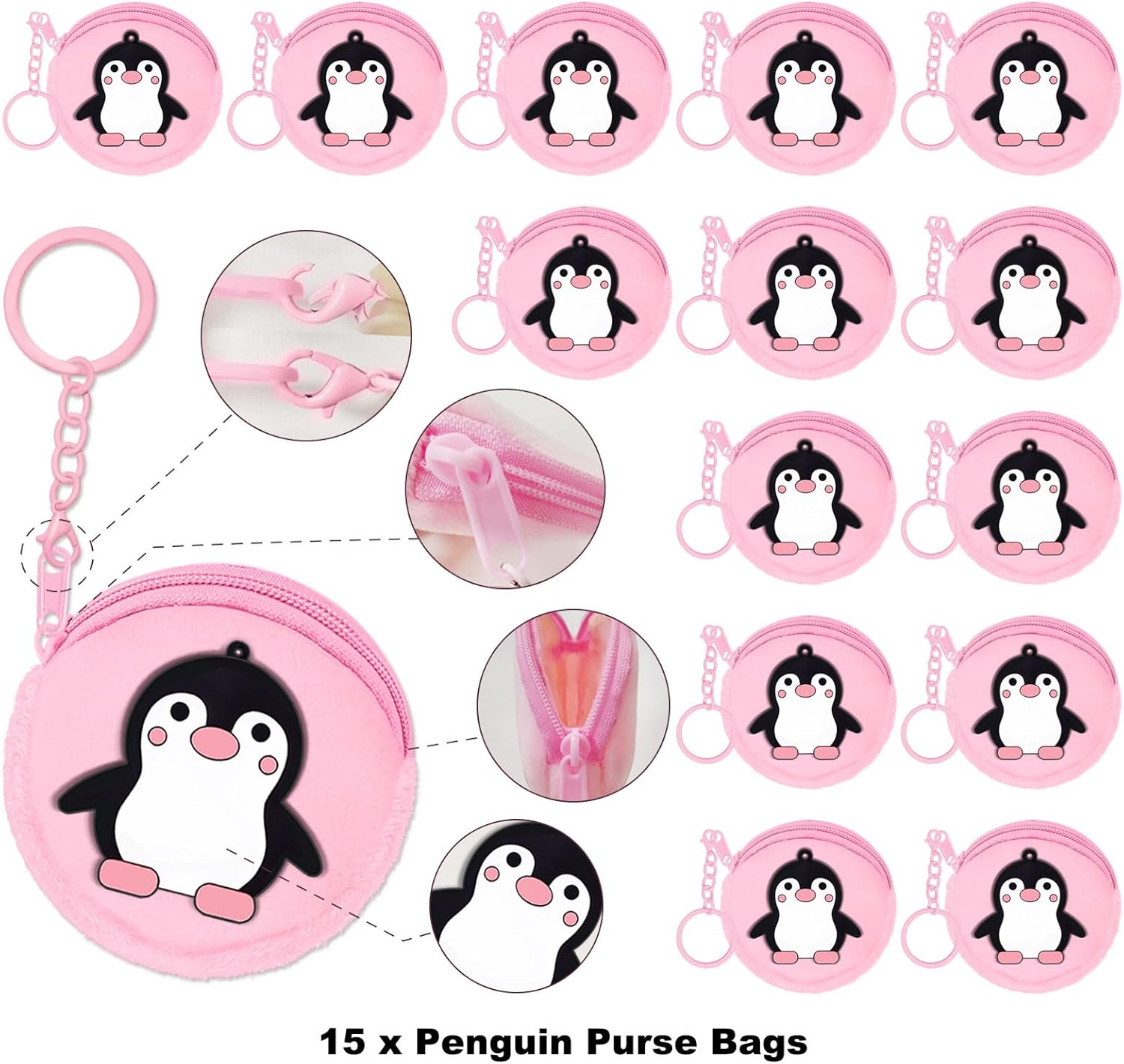 15 Pack Penguin Mini Coin Purses with Keyring for Penguin Winter Themed Party,Goodie Stuffer,Present for Friends,Guest Return Gift, Baby Shower,Birthday Party,Pink - Image 2
