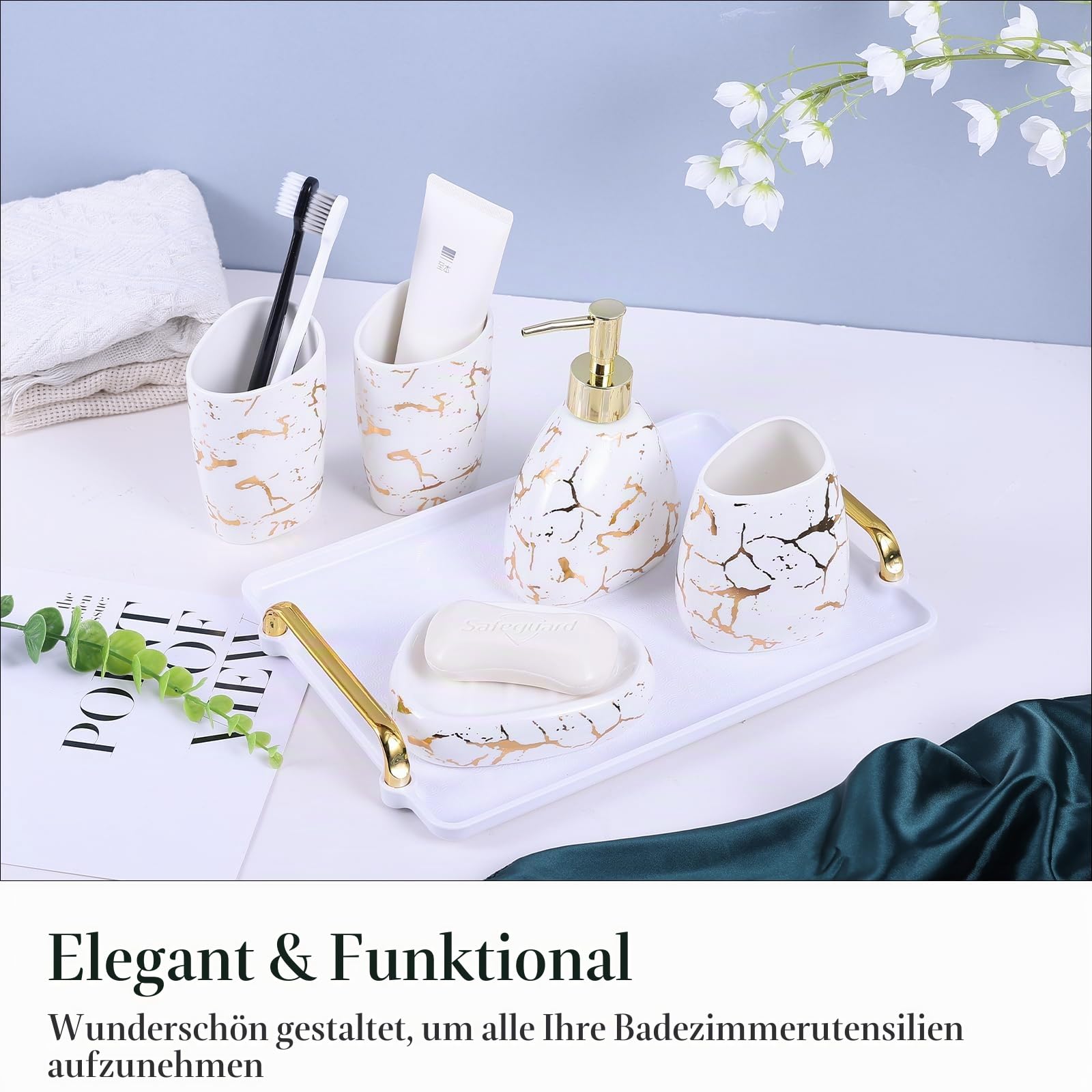6 pcs Keramik Set für Badezimmer Weiß mit goldnem Marmor-Look. Enthält Seifenverteiler, Zahnbürstenhalter u. mehr. Stylische und praktische Badezimmerdekoration.