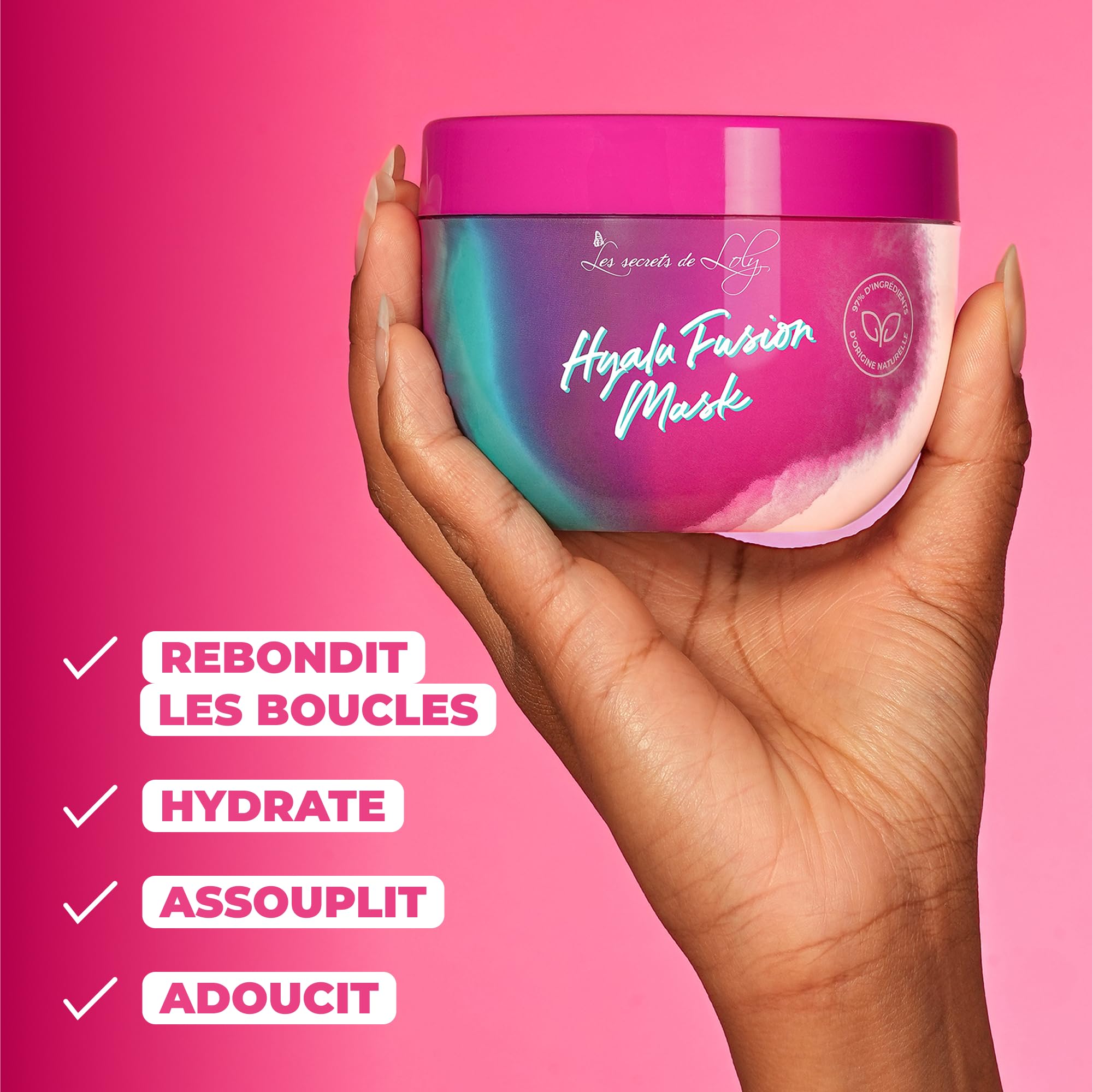 Les Secrets de Loly – Hyalu Fusion Mask – Masque activateur de boucles Hydratation intense – Cheveux multi-texturés ondulés, bouclés, frisés, crépus – Curl Bounce Complex + acide hyaluronique – 300 ml