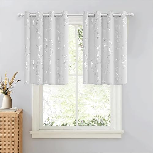 Miniatura 32 de BUHUA Cortinas opacas con estampado de flores, cortinas de ventana con aislamiento térmico, patrón de vid elegante en plata para habitación de bebé,