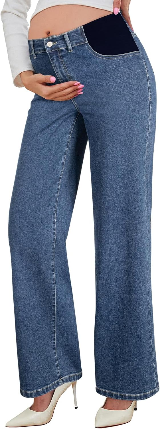 BLENCOT Maternity Jeans for Women High Waist Straight Leg Pregnancy Denim Pants with Pockets