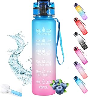 Water Bottle, 32oz Motivational Water Bottle with Time Marker & Removable Strainer, BPA Free Tritan Water Bottle, Fast Flo...