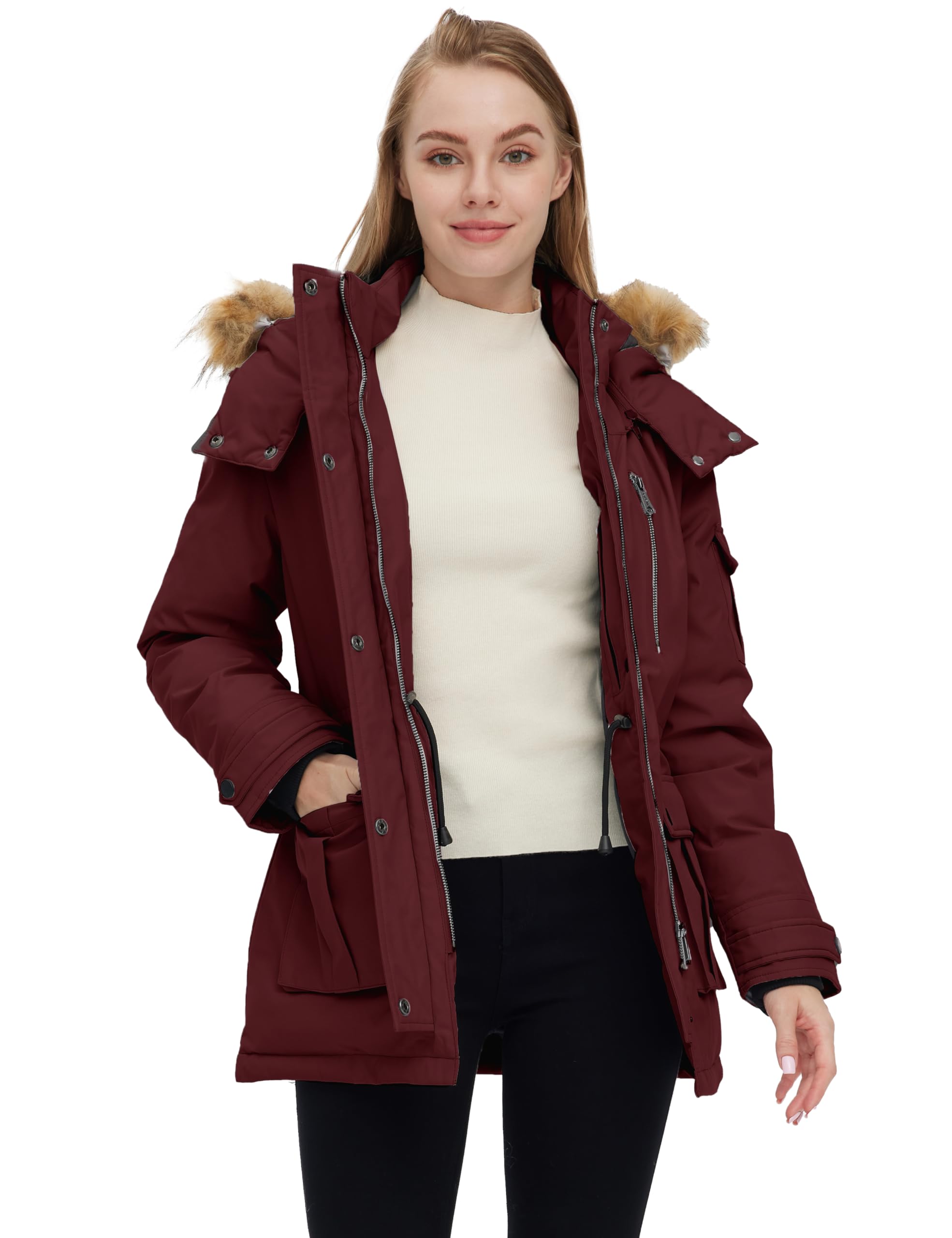 Wantdo Giacca Caldo Invernale Antivento Cappotto con Cappuccio Rimovibile in Pelliccia Parka Slim Fit Giubbotto Idrorepellente Outdoor Donna