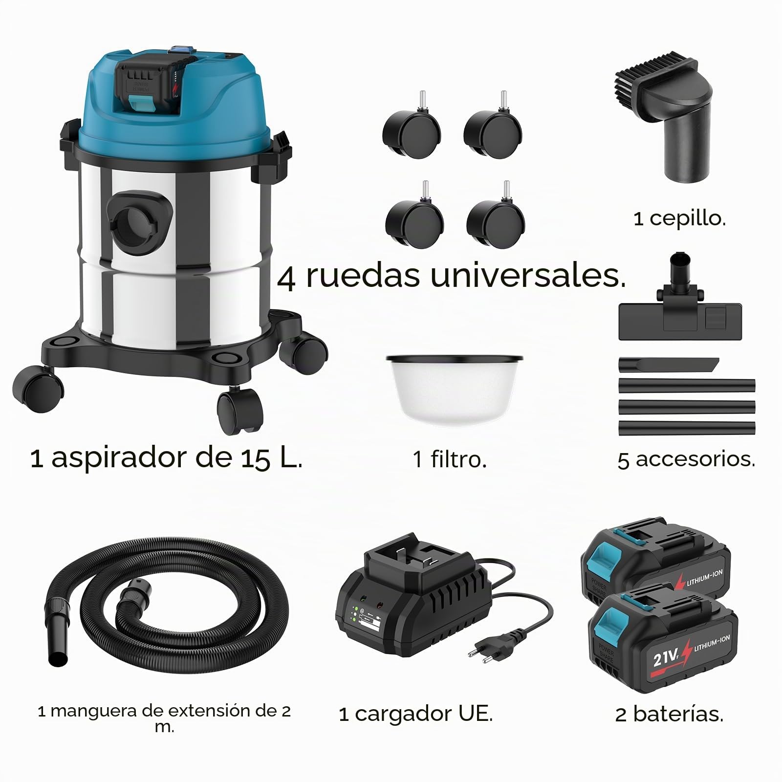Aspiradora en húmedo y seco para batería Makita de 18V, aspirador industrial 3 en 1 con boquilla para ranuras, boquilla para tapicería, boquilla para suelo, depósito de acero inoxidable de 15 l