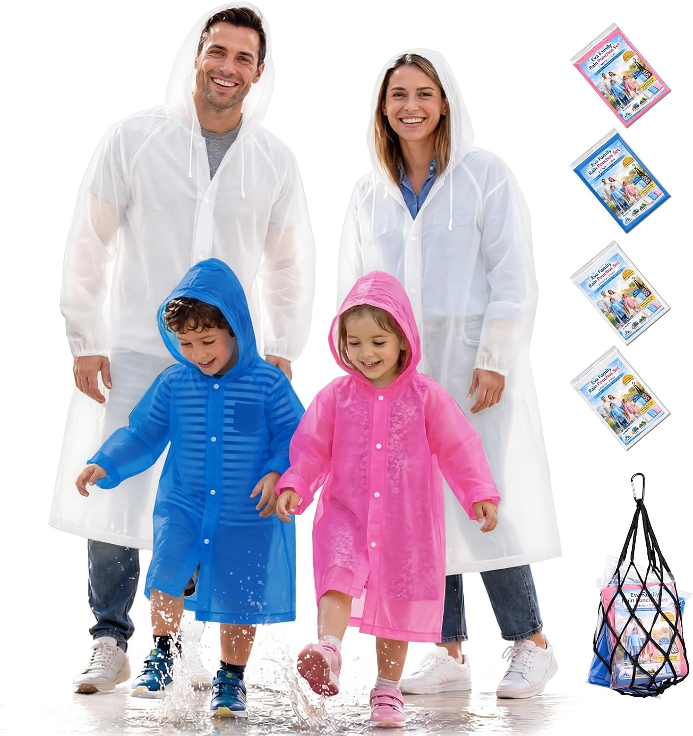 Reusable Rain Ponchos Family Pack for Adults & Kids, 4 Pack EVA Rain Coats, Clear Adult Poncho and Kids Rain Ponchos with Hood, Waterproof Packable Emergency Raincoat Set for Theme Park Travel Camping