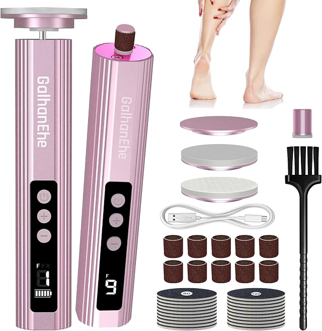3 in 1 Electric Foot File Hard Skin Remover, Removes Calluses, Pink | Pedicure Tool Foot Sander, 9 Adjustable Speeds, 2 Interchangeable Attachments, 2000mAh Rechargeable, for Hand & Foot Care