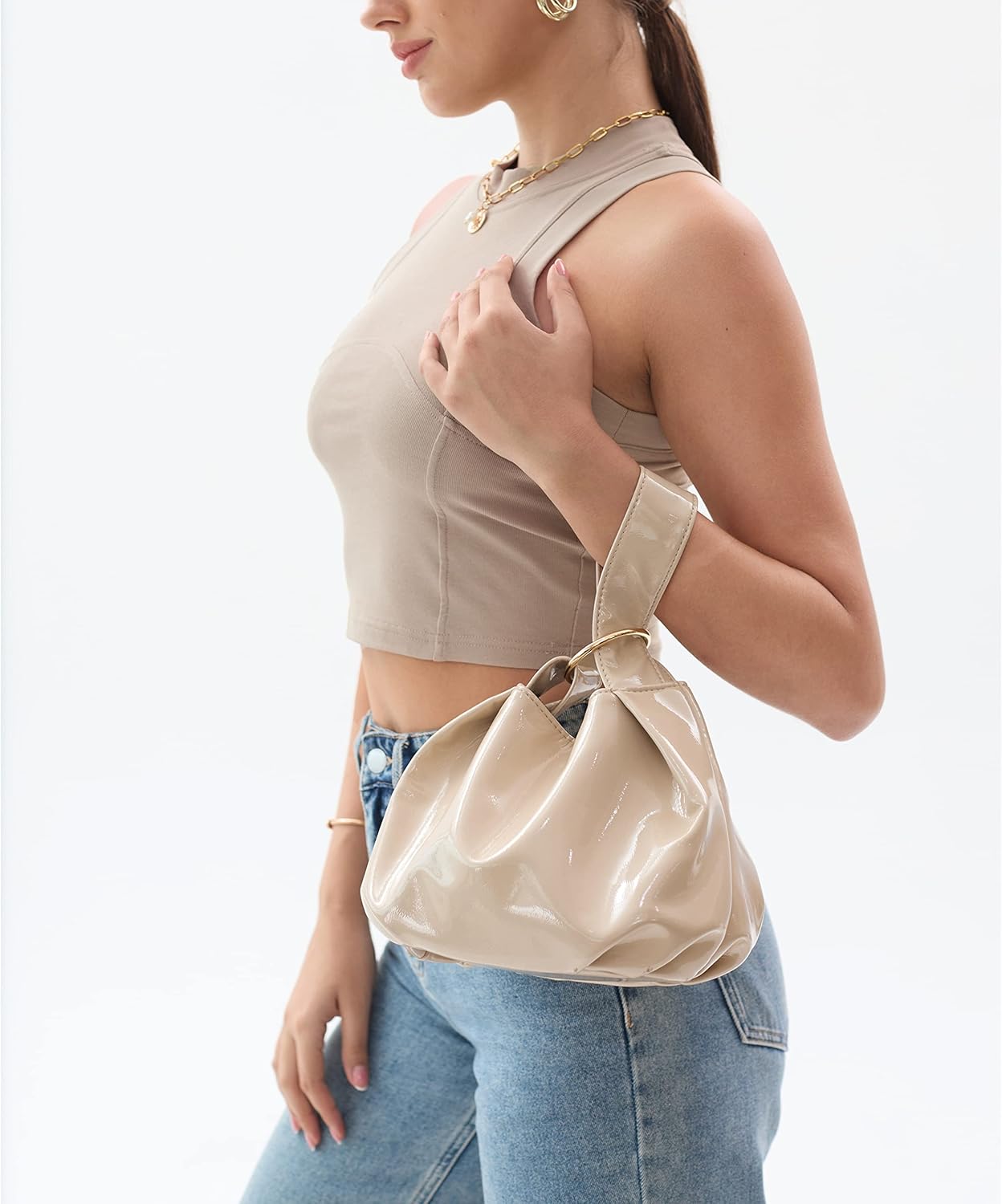 Women's Glossy Clutch Patent Vegan Leather Hobo Top Handle Bag Small Tote | Glossy, Patent, Vegan Leather, Top Handle, Small - Image 3