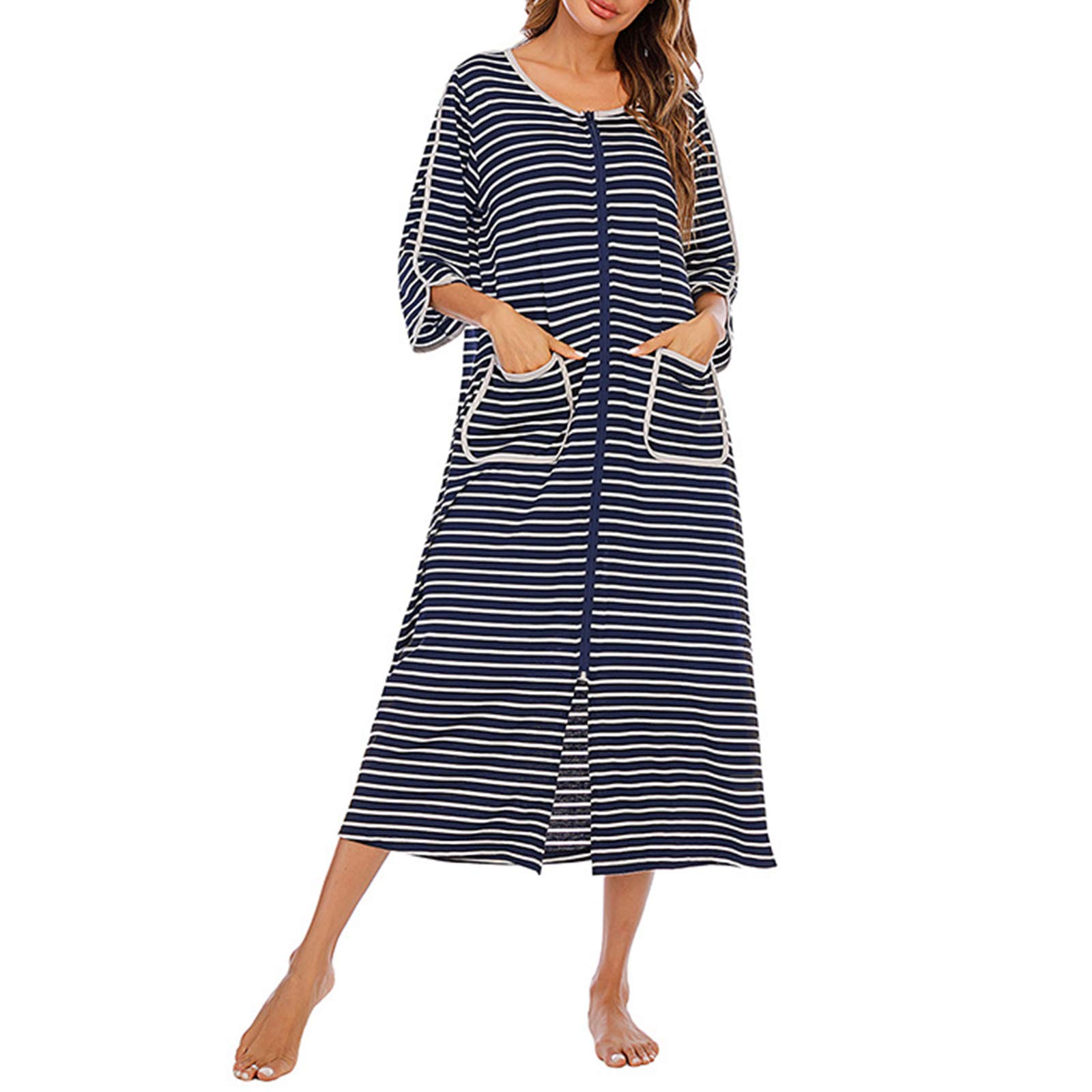 Huazong Women's Navy Robes Dressing Gowns, Zipper Robe Short/Long Sleeve Housecoat Soft Zip Up Bathrobe With Pockets Nightwear Sleepwear (, Xl)