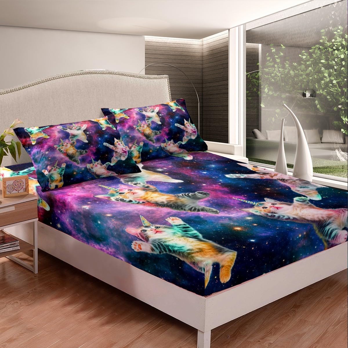 Galaxy Cat Bed Sheet Set Kids Cute Unicorn Cats Bedding Sheets Boys Fairy Cartoon Animal Bedding Fitted Sheet Dreamy Decor Bed Cover Room Decor With 1 Flat Sheet+1 Fitted Sheet+ 1 Pillowcase Twin