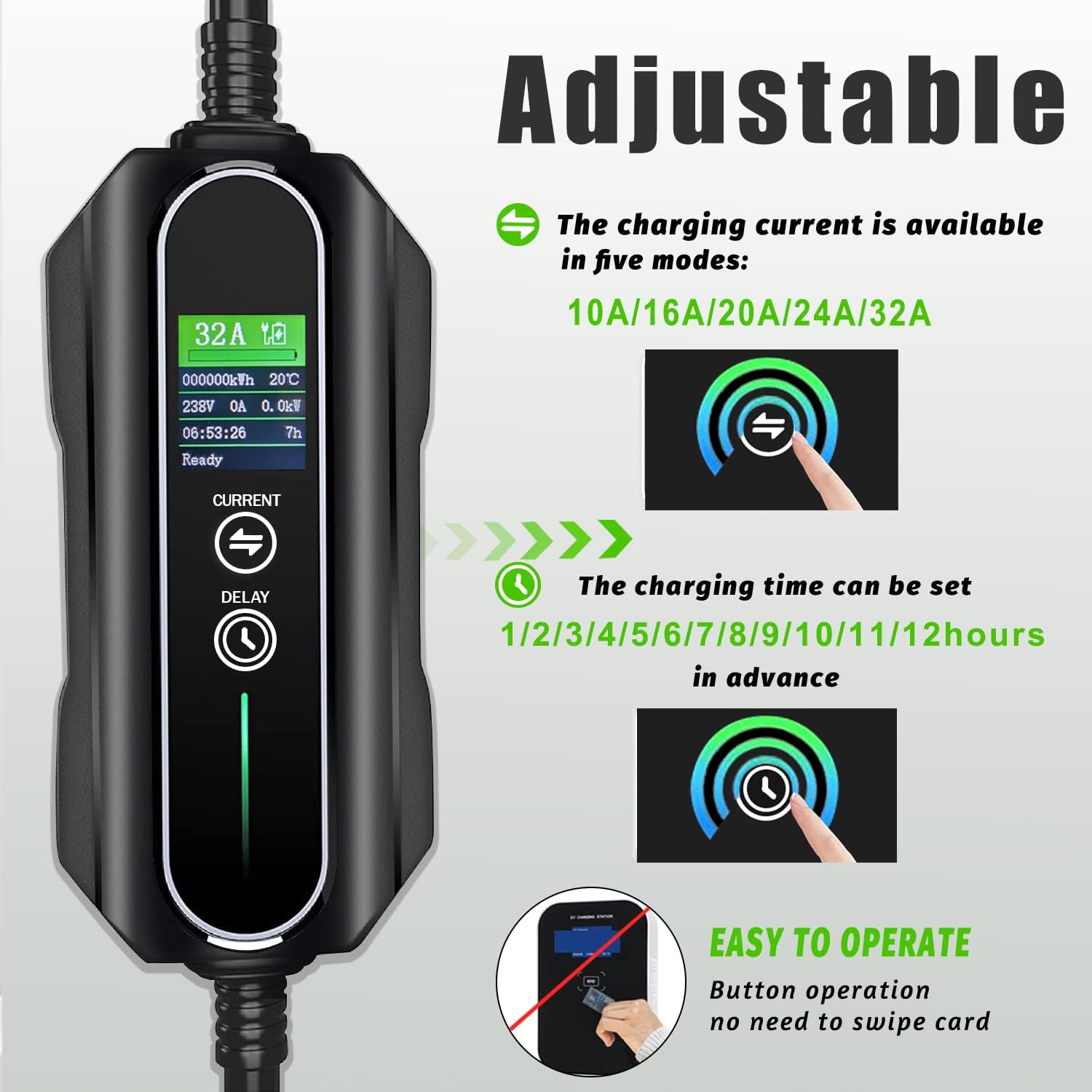 Level 2 Portable EV Charger (32Amp, 110V-240V, 22ft Cable), Electric Vehicle Charging Station with NEMA 14-50Plug. Adjustable 32A/24A/20A/16A/10Amp Current. SAE J1772. Can be Delay (1-12 hours)