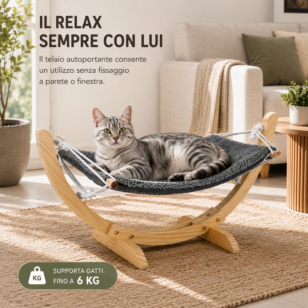 BAKAJI Amaca per Gatti in Legno Ergonomica, Cuccia per Animali Domestici Portata Massima 6 kg, Lettino Ergonomico con Rivestimento Morbido, Struttura in Legno, 72 x 35 x 10 cm