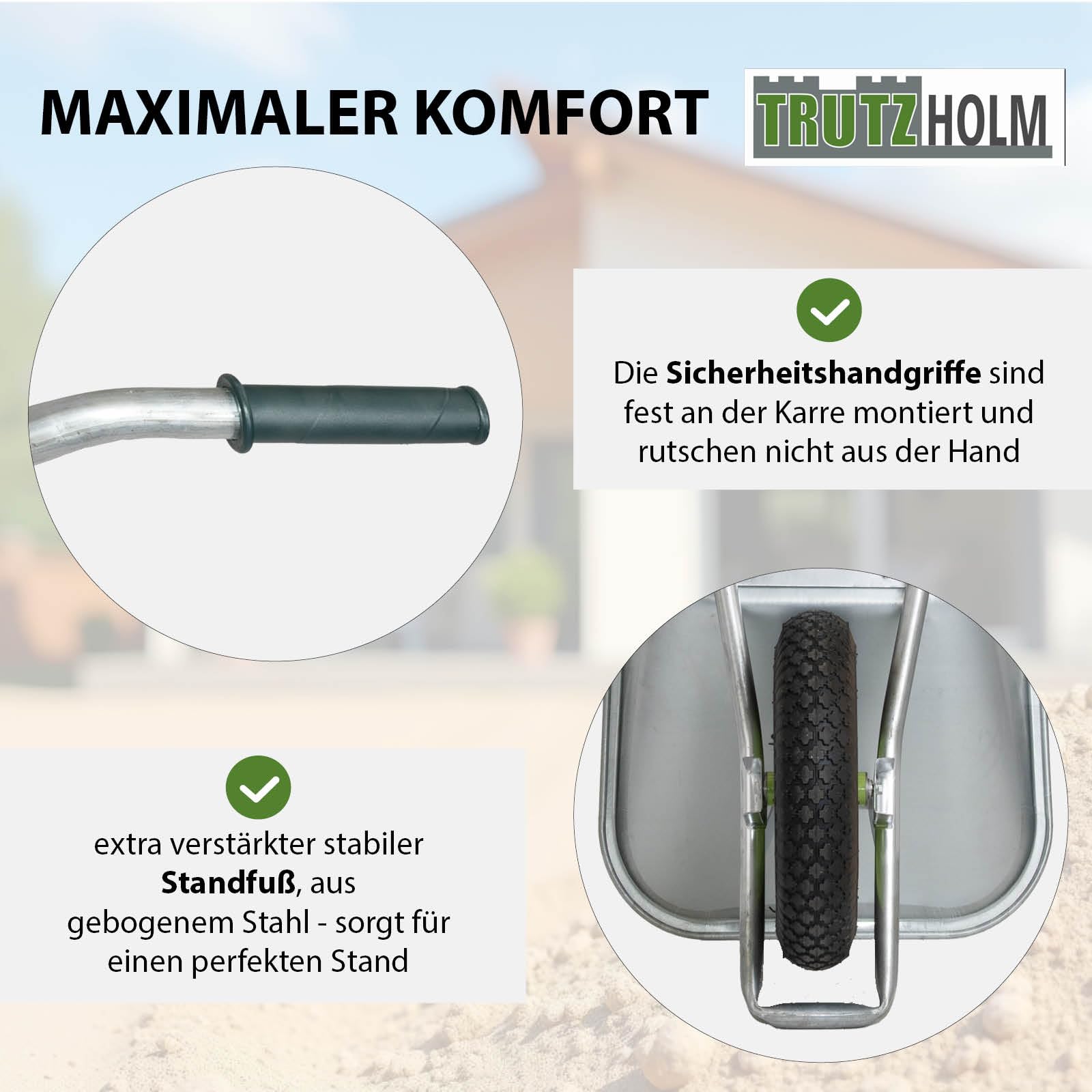 TRUTZHOLM Schubkarre 100 Liter verzinkter Stahl 250 kg Tragkraft Luftrad auf Stahlfelge Bauschubkarre Gartenkarre Schiebkarre leicht handlich 0,9 cm Starke Stahlwanne