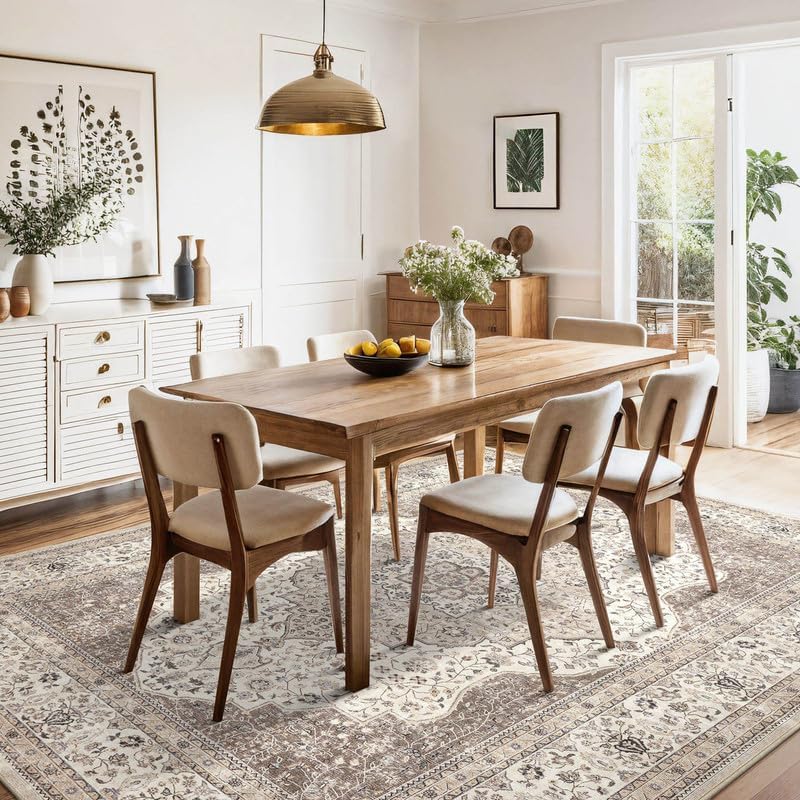 Washable Rug 6x9 Area Rugs for Living Room Bedroom Dining Room Home Office Floor Decor -Stain & Fade Resistant Non Slip Backing Carpet,Ultra-Thin Vintage Large Carpets (Brown/Beige,6'x9')