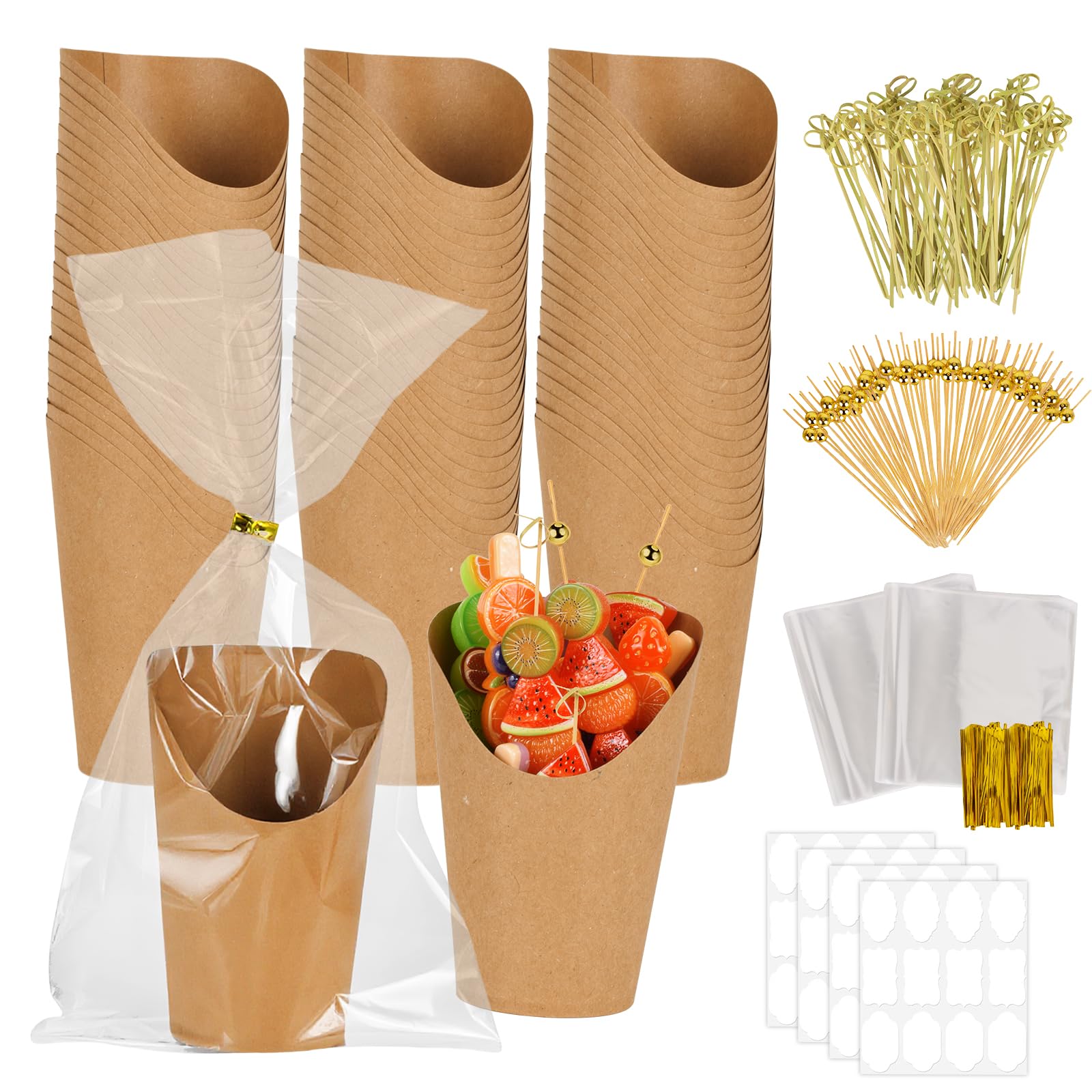 100 tazas de charcutería con palos, 12 onzas, vasos de charcutería, +200 selecciones de cócteles+120 etiquetas + 100 bolsas, mini soporte de papas fritas, conos de papel para alimentos, tazas de