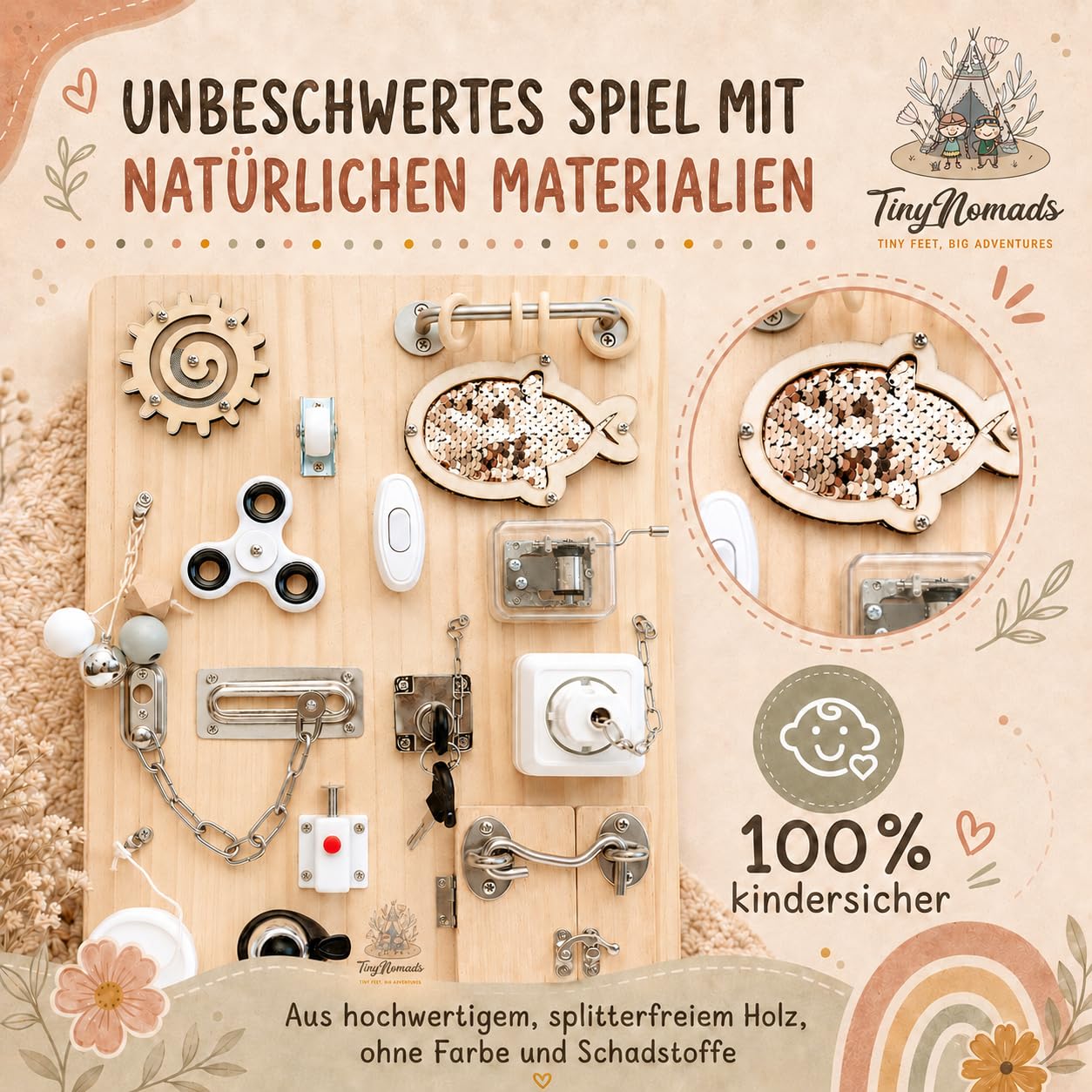 Montessori Busy Board aus Holz | Motorikbrett mit 15 Aktivitäten | Activity Board fur Kleinkind Beschäftigungsbrett Sensorik Lernspielzeug reisespielzeug Aktivitätsbrett