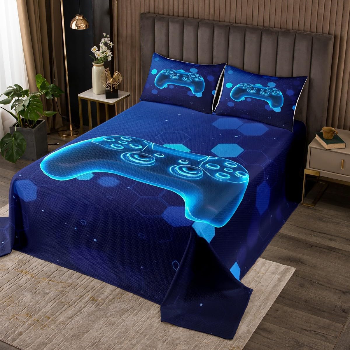 Erosebridal Gamer Boys Coverlet Set King Size Game Controller Bedding Set for Kids Boys Teens Spots Hexagon Quilted Coverlet Grey Honeycomb Modern Quilted