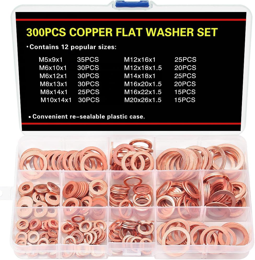 300 PCS Copper Sealing Rings Assortment Set, 12 Sizes Copper Metric Flat Sealing Washers Kit, Sump Plug Gasket Crush Washer Assortment, M5 M6 M8 M10 M12 M14 M16 M20